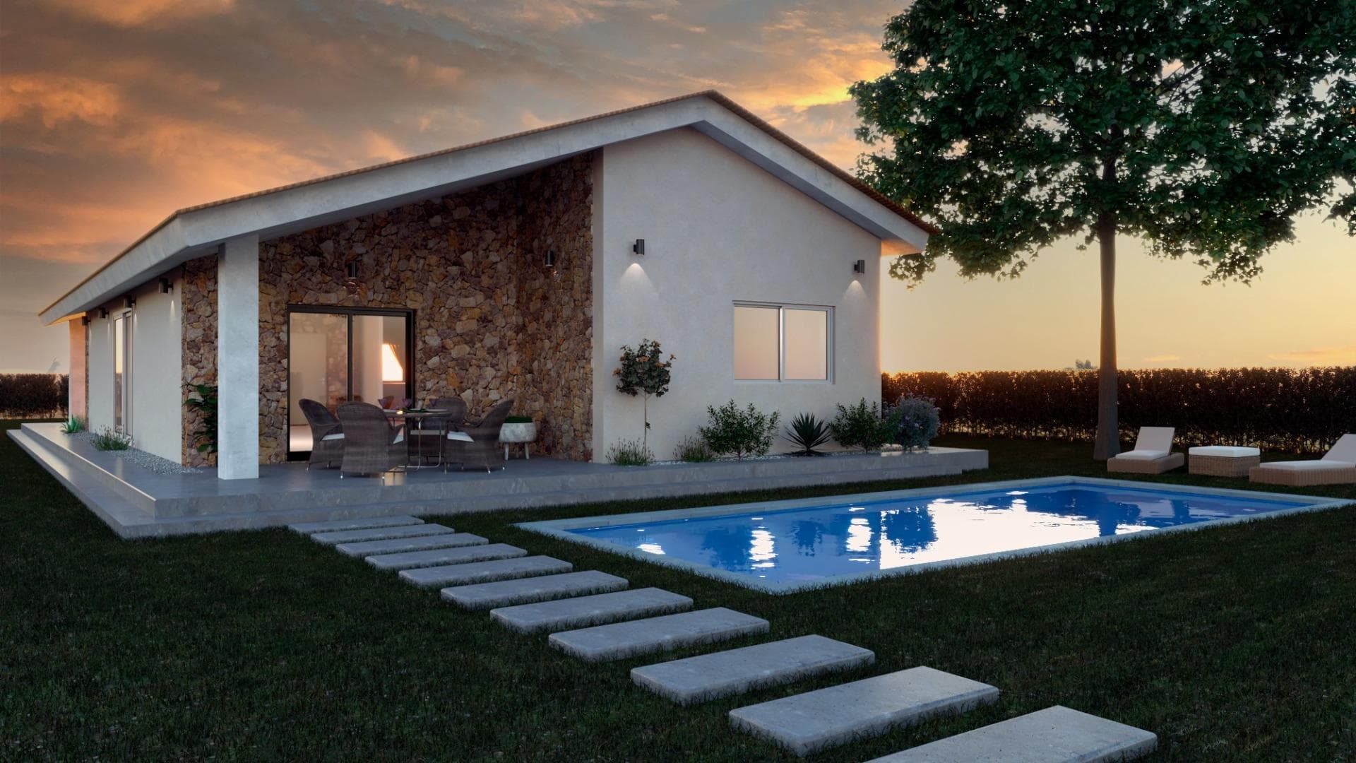 NEW BUILD VILLAS IN MORATALLA, MURCIA&#13;&#13;New Build development located in Campo de San Juan, Moratalla, Murcia.&#13;&#13;This is a luxurious complex of 7 independent villas built on one level on a plot of 750 m2 with private swimming pool and terraced areas that allows you to enjoy the sun every day of the year. &#13;&#13;Each property has 3 bedrooms and 2 bathrooms, designed with a contemporary style and an open plan living concept comprising of a fitted kitchen and a nice living-dining room.&#13;&#13;The Campo de San Juan, in Moratalla, Region of Murcia, is at this time of year a veritable explosion of scents and colours typical of the summer season. Along with other wild aromatic plants such as thyme and rosemary, lavender and lavandin crops adorn these highlands of the northwest of Murcia.&#13;The 'little Provence' is manifested in the flowering, together with the hands of the local artisans of the essence, who cut the stems of these aromatic plants to produce the base of multiple perfumes that we can find in the small bottles of large commercial chains, adorned with photographs of celebrities and the corresponding marketing, but whose base is cultivated in the environment of these mountain fields, surrounded by a natural environment like few others in this region.&#13;Here are some of the photographs and images that you can see on a walk through these lands, and don't forget to rub your hands with their ears of corn, to soak up the much-appreciated essence of these crops that transport us between aromas and colours to a unique environment in the Southeast of Spain.&#13;