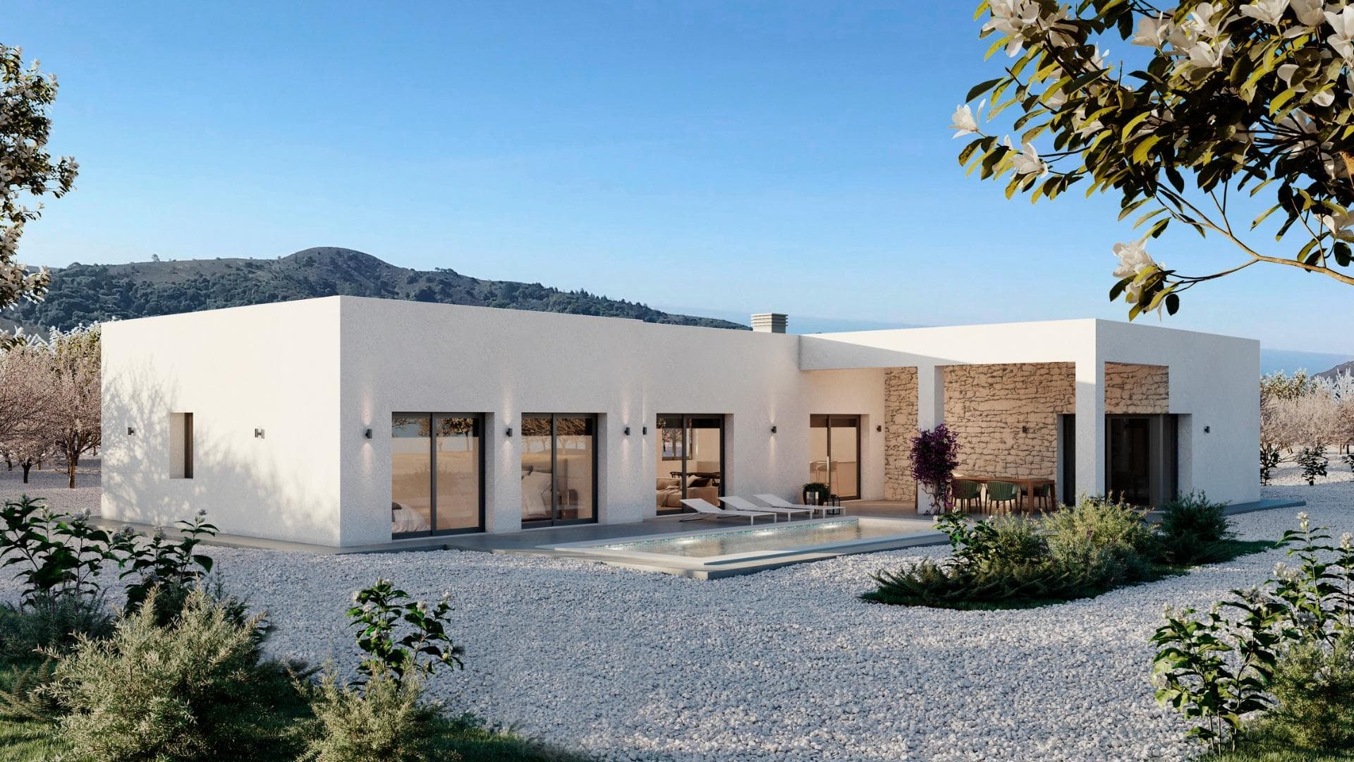 NEW BUILD VILLAS IN PINOSO&#13;&#13;New Build Independent modern villas that can be built on rustic or urban plots of land we have a wide range available in the area of Pinoso:&#13;&#13;• 3 bedrooms, 2 bathrooms, 2 guest toilets&#13;• Private swimming pool&#13;• Full installation of air conditioning &#13;• Full equipped kitchen&#13;• Big choice of quality materials&#13;• Mains electricity and water&#13;• 4 solar panels included&#13;• AA Energy Label&#13;• Plots from 10.000 m2 in various locations to choose from. &#13;• 3.000 m² fenced plot for easy maintenance&#13;• Motorised sliding gate&#13;&#13;On the rustic plots, about 3.000 m2 of the total plot will be fenced and the houses will be delivered with about 1.000 m2 of gravel around the house.&#13;The house has a private swimming pool and photovoltaic solar panels for the electricity supply.&#13;There are several rustic plots to choose from in different locations, each with a different price (in the prices published in this advert a plot with a value of 40.000 eur has been considered, if the buyer chooses another plot, the final price will be recalculated accordingly).&#13;The delivery period is 8 months from the granting of the building licence.&#13;It is acquired under a self-promotion regime: the buyer makes payments on account of the price as the builder executes the work.&#13;