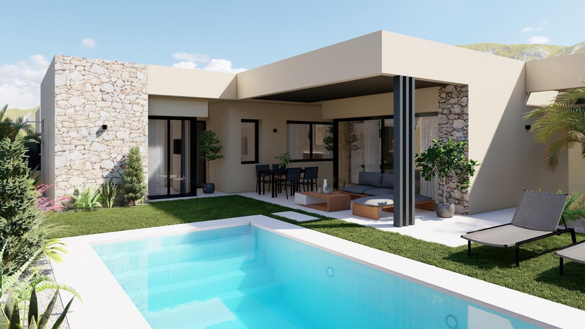 NEW BUILD VILLAS IN ALTAONA GOLF RESORT, MURCIA&#13;&#13;New Build residential of beautiful villas in Altaona Golf resort, Murcia.&#13;&#13;New Build luxury villa with open plan kitchen, 3 bedrooms, 2 bathrooms, terrace, private garden with pool and parking space.&#13;&#13;The cold/hot air conditioning is designed with a fully installed ducted A/C machine. The entrance door to the house has an armoured lock with anti-jemmy hinges. The interior wardrobes are fitted with a mezzanine, hanging bar, chest of drawers and an intermediate shelf.&#13;The project has ample communal zones with many greens, paths, and relaxation areas.&#13;Located in a privileged environment where we can live quietly, in contact with nature and the mountains, we achieve quality of life, fresh air and open spaces.&#13;&#13;Features:&#13;•Garden, swimming pool and private parking&#13;•24/7 security and tranquillity&#13;•A+ energy efficiency&#13;•Innovative construction method&#13;•Communal green areas and gardens with orchard&#13;&#13;Optional features:&#13;•Solar panels &#13;•Kitchen White goods &#13;•Gas system &#13;•Electric car charging point &#13;•Fireplace &#13;•Lift (For villas with 2 floors) &#13;•Extra storage space in hallway&#13;&#13;Residential located in Altaona Golf just 15 minutes by car from the centre of Murcia capital and 20 minutes from the beaches you can enjoy the tranquillity and security offered by the Golf Course that has 18 holes and the comfort to live close to all services.&#13;Murcias airport Corvera only 15 minutes drive away.&#13;&#13;