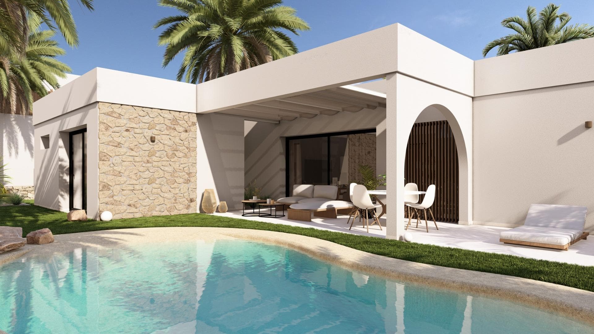 NEW BUILD VILLAS IN ALTAONA GOLF RESORT, MURCIA&#13;&#13;New Build residential of beautiful villas in Altaona Golf resort, Murcia.&#13;&#13;New Build villas with open plan kitchen, 3 bedrooms, 3 bathrooms, guest toilet, terrace, private garden with pool and parking space.&#13;&#13;Features:&#13;• The properties have Energy Certificate Rating A.&#13;• Ducted air conditioning installation with heat pump. Throughout the house except for bathrooms.&#13;• Electric underfloor heating in the living room and bathrooms with individual thermostat per zone.&#13;• Air renewal system in the kitchen, bathrooms, laundry room, and guest toilet.&#13;• Kitchen Includes extractor hood and electric induction hob with 3 cooking points.&#13;• Includes LED lighting in the living room, hallway, and exterior. The rest of the rooms are prepared for the future owner to install their lighting.&#13;• USB sockets in all bedrooms.&#13;• Electronic intercom for access from the exterior to the interior path. Doorbell at the property entrance.&#13;• Home automation system with two smart switches.&#13;• Private landscaped garden with drip irrigation system and the pool.&#13;• Exterior fencing of the urbanisation.&#13;• Vehicle access gates to the urbanisation: Metal sliding gate with remote opening system&#13;&#13;Residential located in Altaona Golf just 15 minutes by car from the centre of Murcia capital and 20 minutes from the beaches you can enjoy the tranquillity and security offered by the Golf Course that has 18 holes and the comfort to live close to all services.&#13;Murcias airport Corvera only 15 minutes drive away.&#13;&#13;