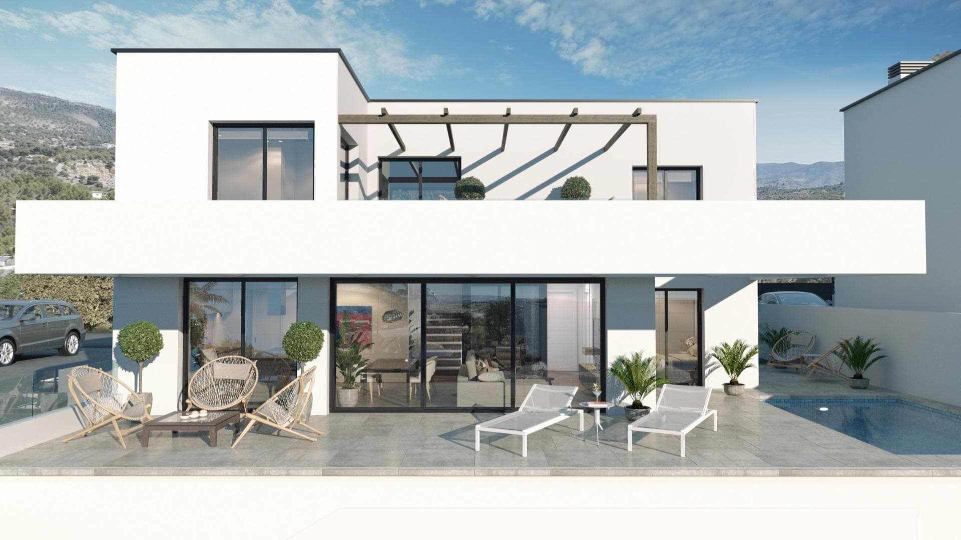 NEW BUILD VILLAS IN FINESTRAT &#13;&#13;New Build project of 10 modern design villas, in a natural setting with views of the sea and the mountains, near the Puig Campana golf course, and a short distance from the towns of Finestrat and Benidorm.&#13;&#13;The project will be divided into two construction phases, which in turn include two types of homes, with 1 or 2 floors, 3 double bedrooms, 2 or 3 complete bathrooms, living-dining room with integrated kitchen, laundry room, large terrace and garden, private pool, outdoor parking, 1 or 2 multipurpose basements and in some models closed underground garage.&#13;An options for a solarium at an extra cost.&#13;&#13;Villas built with the best qualities and latest advances in construction, among others:&#13;- Glass railings that do not break the continuity of the views.&#13;- First quality porcelain stoneware flooring.&#13;- Armoured entrance door.&#13;- Aluminium exterior carpentry with thermal bridge break and double insulating glass with low emissivity with air chamber and safety in areas at risk of breakage.&#13;- Smooth interior carpentry, made of white lacquered wood with stainless steel handles and fittings.&#13;- Fully equipped sliding wardrobes and dressing rooms.&#13;- Production of domestic hot water through a heat pump system with a 100L accumulator tank, with the support of solar panels on the roof.&#13;- High-grade electrical installation 9.2kw.&#13;- Installation of air conditioning through ducts with machines included.&#13;- Minimalist design kitchens, fully equipped with island, furniture and appliances included.&#13;- Private pool with lighting and beach area with pavement or artificial grass.&#13;- Fully customisable multipurpose basement, depending on the model with a garage area for a vehicle and pre-installation for an electric vehicle.&#13;&#13;Villas is located in a privileged environment on the Costa Blanca, in an elevated area at the foot of the mountains, surrounded by nature and other similar urbanisations, with excellent views of the sea and its surroundings. Very well connected by road with the nearby town of Finestrat, 10 minutes by car from shopping censers, the A7 motorway, the beaches and the nearby towns of Benidorm and Villajoyosa, and 30 minutes from the city of Alicante and its international airport.&#13;