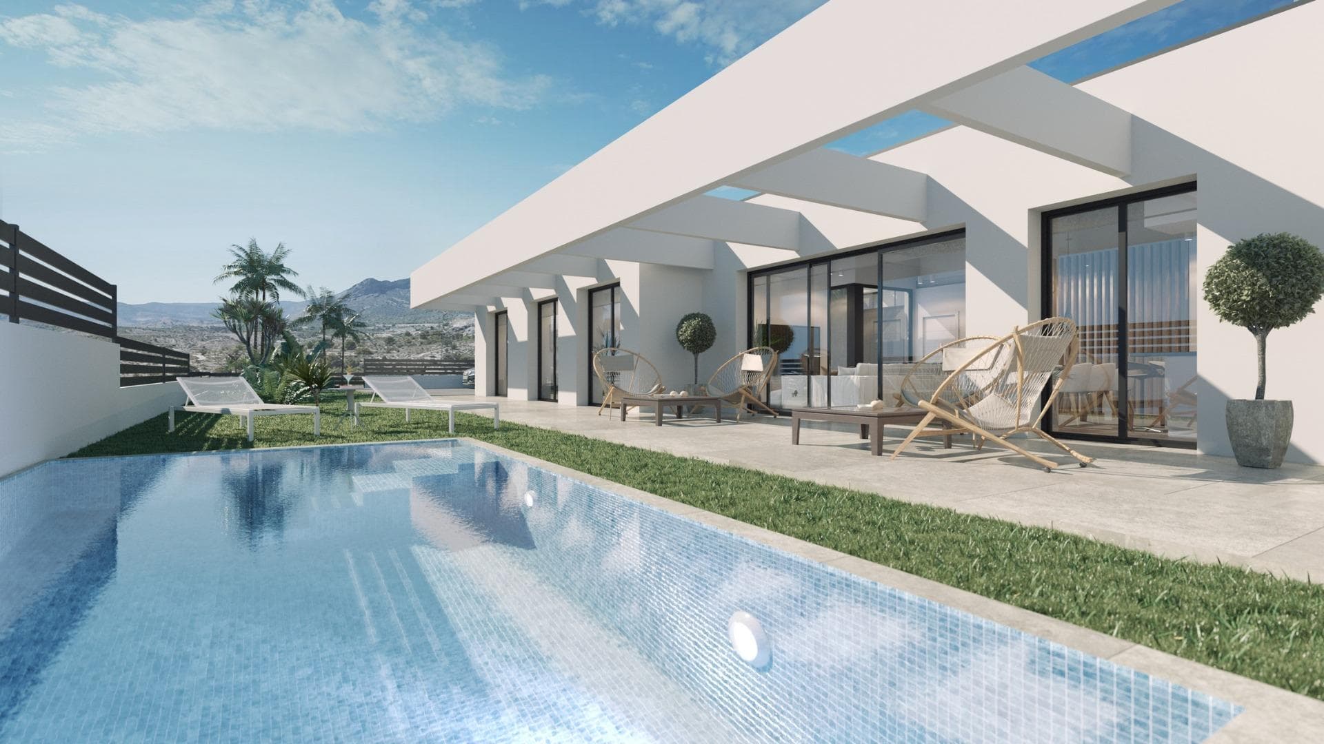 NEW BUILD VILLAS IN FINESTRAT &#13;&#13;New Build project of 10 modern design villas, in a natural setting with views of the sea and the mountains, near the Puig Campana golf course, and a short distance from the towns of Finestrat and Benidorm.&#13;&#13;The project will be divided into two construction phases, which in turn include two types of homes, with 1 or 2 floors, 3 double bedrooms, 2 or 3 complete bathrooms, living-dining room with integrated kitchen, laundry room, large terrace and garden, private pool, outdoor parking, 1 or 2 multipurpose basements and in some models closed underground garage.&#13;An options for a solarium at an extra cost.&#13;&#13;Villas built with the best qualities and latest advances in construction, among others:&#13;- Glass railings that do not break the continuity of the views.&#13;- First quality porcelain stoneware flooring.&#13;- Armoured entrance door.&#13;- Aluminium exterior carpentry with thermal bridge break and double insulating glass with low emissivity with air chamber and safety in areas at risk of breakage.&#13;- Smooth interior carpentry, made of white lacquered wood with stainless steel handles and fittings.&#13;- Fully equipped sliding wardrobes and dressing rooms.&#13;- Production of domestic hot water through a heat pump system with a 100L accumulator tank, with the support of solar panels on the roof.&#13;- High-grade electrical installation 9.2kw.&#13;- Installation of air conditioning through ducts with machines included.&#13;- Minimalist design kitchens, fully equipped with island, furniture and appliances included.&#13;- Private pool with lighting and beach area with pavement or artificial grass.&#13;- Fully customisable multipurpose basement, depending on the model with a garage area for a vehicle and pre-installation for an electric vehicle.&#13;&#13;Villas is located in a privileged environment on the Costa Blanca, in an elevated area at the foot of the mountains, surrounded by nature and other similar urbanisations, with excellent views of the sea and its surroundings. Very well connected by road with the nearby town of Finestrat, 10 minutes by car from shopping censers, the A7 motorway, the beaches and the nearby towns of Benidorm and Villajoyosa, and 30 minutes from the city of Alicante and its international airport.&#13;