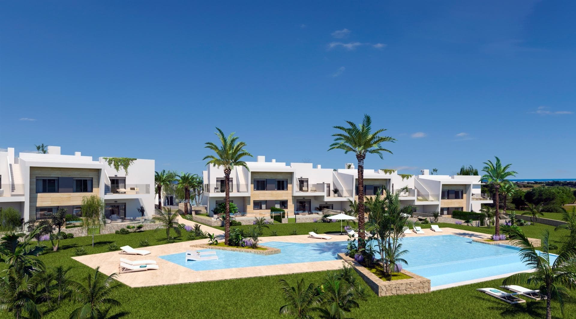 NEW BUILD RESIDENTIAL COMPLEX IN PILAR DE LA HORADADA ON THE GOLF COURSE 

New Build residential is the perfect place to enjoy the Mediterranean lifestyle alongside golf.
An exclusive residential complex of apartments, all with terraces, on the ground floor plus garden and penthouses plus solarium, designed to offer maximum space, light and comfort. 
In addition, the properties will have a parking space, community pool and garden area.

The sophisticated and modern architecture used, as well as its careful selection of qualities, make our homes unique projects, aimed at demanding clients, who are looking for a good investment and quality of life.

Lo Romero Golf Resort is located in a privileged area of the municipality of Pilar de la Horadada (Alicante), in the heart of the Costa Blanca. 
The 18-hole golf course is close to beautiful beaches with crystal-clear waters and is perfectly connected by road to the cities of Alicante and Murcia, as well the airports of Corvera (Murcia) and Alicante are respectively 40 and 55 minutes away.

Pilar de la Horadada is a typical Spanish village in the most southern part of the Costa Blanca.

The large main street has supermarkets, lots of shops, restaurants and bars and some lovely squares.

The beautiful beaches of Torre de la Horadada and Mil Palmeras with fine sand promenade is just 5 minutes away.