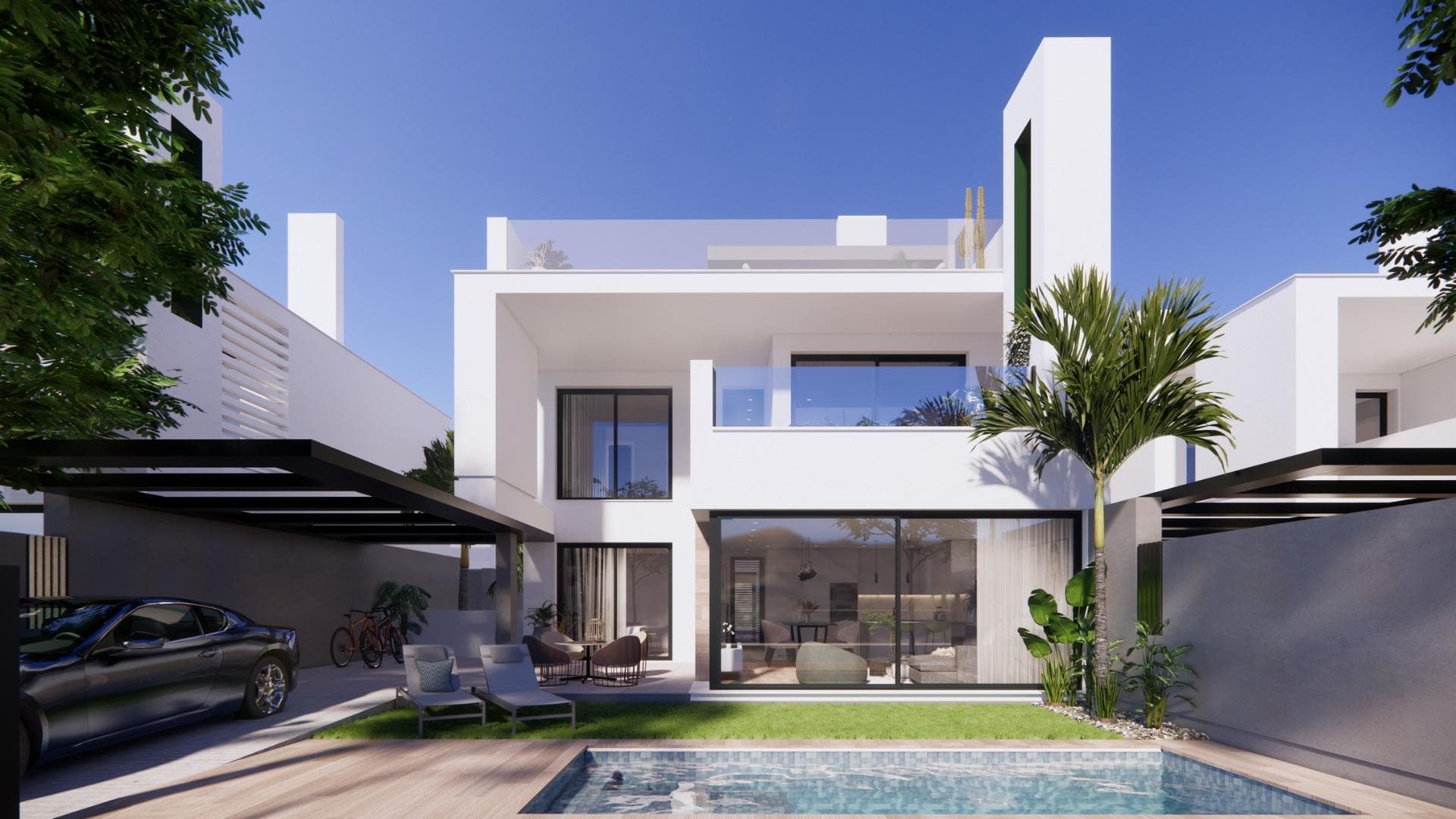 NEW BUILD VILLAS IN PRIVATE GATED RESORT IN PROVINCE OF MURCIA&#13;&#13;New Build villas in private gated resort in the Murcia region, surrounded by excellent golf courses and just 10 minutes from the sandy beaches of the Mar Menor Sea. &#13;&#13;Positioned on a privileged location, second line of the lagoon with white sand turquoise waters. Just a few steps from its main entrance, we are presenting these superb 3 bedrooms villas.&#13;&#13;These luxury villas offer a harmonious blend of modern elegance and refinement and finished to the highest standards. The main living area flows through to the garden and pool area creating a &#13;perfect atmosphere for serenity and beauty.&#13;The open plan layout connects the living room, dining area with the modern kitchen creating a seamless flow for entertaining or enjoying a lovely quiet evening.&#13;The kitchen is fully equipped with the latest appliances and materials. &#13;The third bedroom on the groundfloor could easily be used as a study or private workspace for the perfect work life balance.&#13;The large solarium offers a great variety of opportunities for relaxation, al fresco dining or simply enjoy sunbathing and the great views to the lagoon and beyond. &#13;In addition, these magnificent villas present this spectacular basement of over 100m2 with an English patio providing greenery and an abundance of natural light to this multipurpose &#13;area that could be used as a gym, cinema room or entertaining.&#13;&#13;Located in a private gated resort, with a main access entrance and 24 hours security. The resort is designed around an impressive 126.000 m2 green area.&#13;&#13;It comprises walking and cycling paths, sport facilities, paddle and tennis courts, a mini-golf course, gardens, dog parks, leisure areas, clubhouse.... Also in the central area is the jewel of the resort, a crystal-clear artificial lake of almost 17.000m2 of water surface, surrounded by white sandy beaches and palm trees, bringing a piece of the Caribbean to the Murcia Region.&#13;&#13;There are 2 islands in the lake, one of them has its own bar, there are also "beach Chiringuitos" spread around the lake.&#13;&#13;The resort is strategically located less than 4 km from the beach and the town of Los Alcázares, where you can practice various water sports, surrounded by several golf courses and the city of Cartagena less than 15 minutes by car and 22 km from Murcia airport, therefore having a wide cultural, gastronomic and sports offer within reach.&#13;