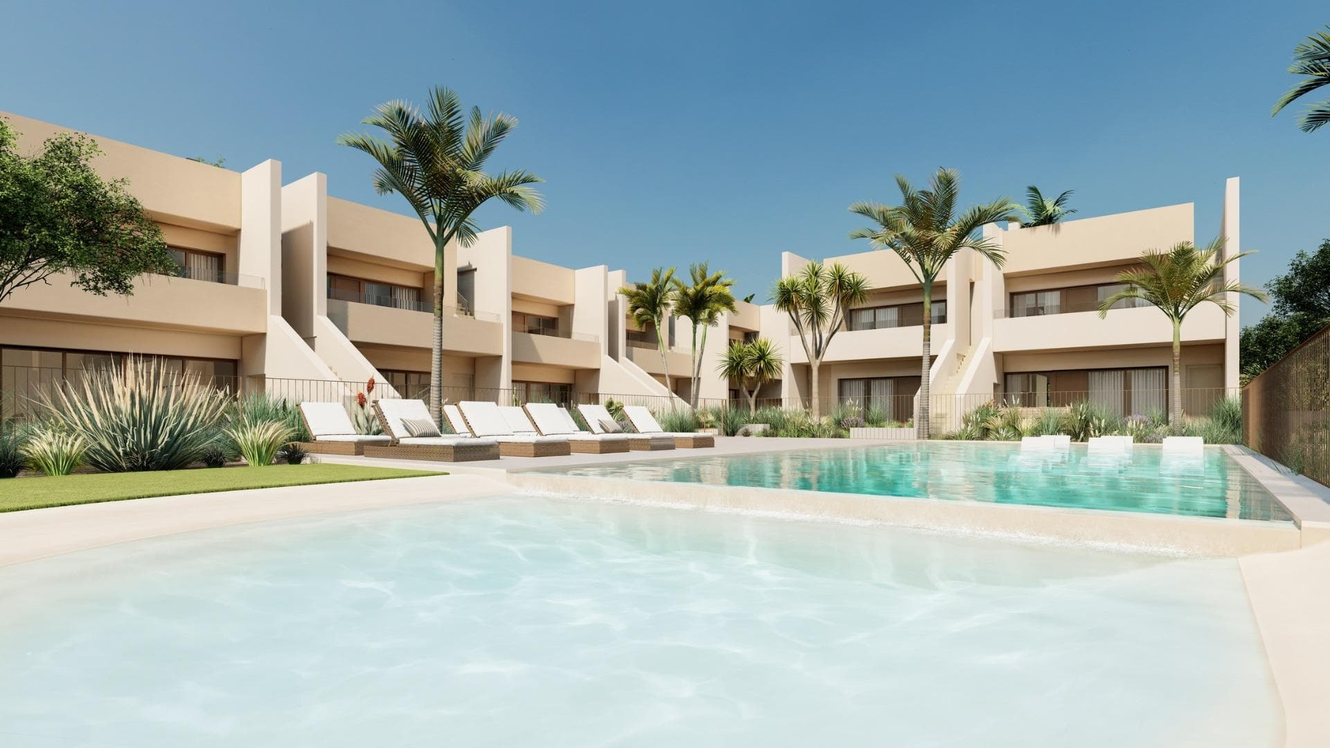 NEW BUILD BUNGALOWS IN RODA GOLF&#13;&#13;New Build residential complex located on a south-facing plot inside the prestigious Roda Golf &amp; Beach Resort, bordering the course with its manicured fairways and feature lakes.&#13;This beautiful complex comprises 37 spacious homes surrounding a stunning pool and communal gardens.&#13;&#13;This modern residential offers a range of property types, views and orientations, according to your requirements. All bungalow apartments boast 3 double bedrooms, 2 bathrooms, a light and spacious open-plan living-dining room with American kitchen and fantastic outside space. All include off-road parking and a private storeroom.&#13;&#13;The 18 ground floor bungalows enjoy an interior terrace and garden which lead out to the communal gardens and pool area, as well as a large, gated rear terrace and garden.&#13;The 18 penthouses include a front balcony off the living room, as well as a fantastic, 90m2 private roof solarium with summer kitchen.&#13;&#13;Residential complex has been designed to maximise the use of space and light. Superbly built and including a wide range of extras, this exclusive promotion is a real oasis on Spain´s Costa Calida.&#13;&#13;At the heart of the development lies a stunning communal pool area, surrounded by Mediterranean vegetation. Enjoying sun all day long thanks to its south facing orientation, it is the perfect place to swim, relax and soak up the Murcian sunshine.&#13;&#13;As well as enjoying fantastic inside space, the ground floor properties boast a beautiful front terrace plus additional, private garden that leads out into the interior of the development with its stunning communal gardens and pool area.&#13;&#13;In addition, they offer a back terrace and enclosed garden for maximum privacy, with a gate that leads out to the exterior of the urbanisation. The duel orientation ensures that the homes enjoy sun and shade all day long.&#13;&#13;A beautifully maintained, Dave Thomas designed 18 hole course with lakes, strategically placed bunkers, undulating greens and lush Mediterranean vegetation. A private resort with 24 hour security, its own taxi rank, a stunning club house with a la carte restaurant, gym with lake views and sports area. And all this just a stroll or cycle ride away from the beaches and tranquil waters of the Mar Menor inland lagoon.&#13;&#13;This residential has a fantastic selection of golden sandy beaches on its doorstep, as well as a a wide range of watersports. Enjoy both the Mar Menor and the Mediterranean seas from this paradise on the Murcian coastline.&#13;
