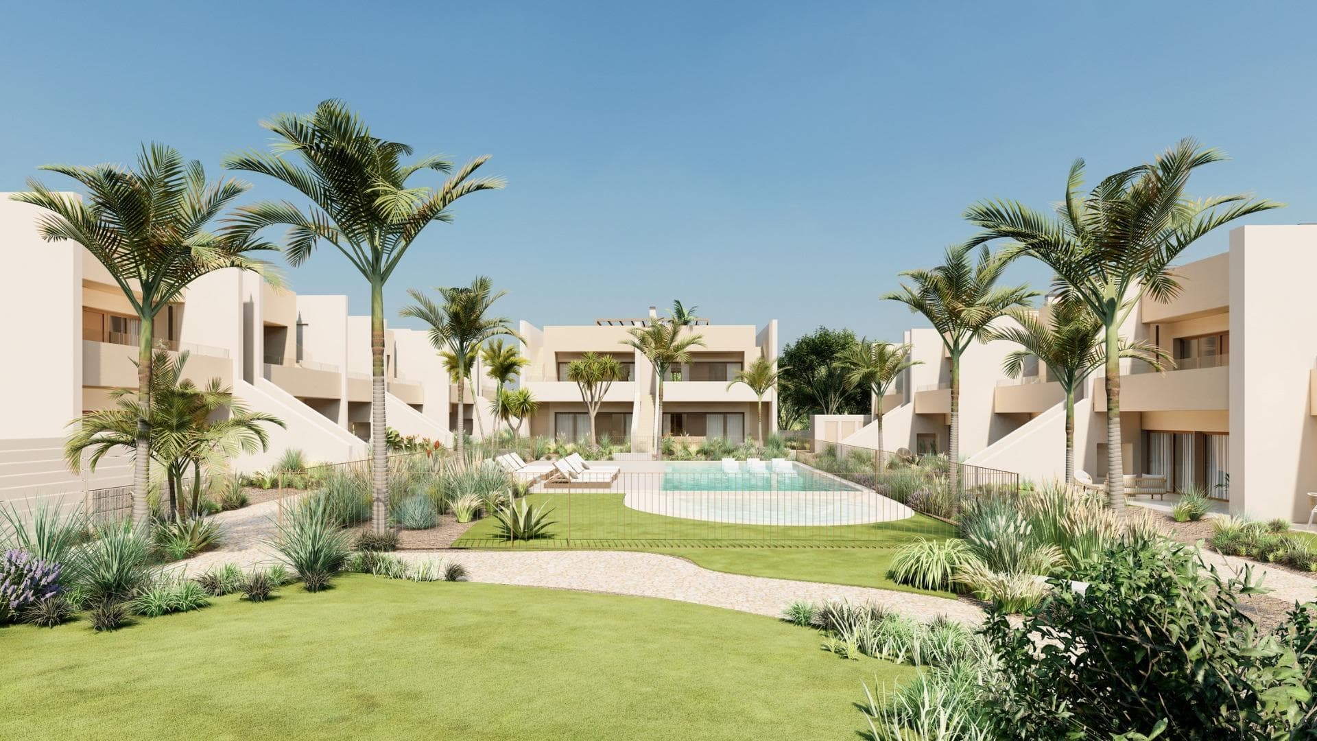 NEW BUILD BUNGALOWS IN RODA GOLF&#13;&#13;New Build residential complex located on a south-facing plot inside the prestigious Roda Golf &amp; Beach Resort, bordering the course with its manicured fairways and feature lakes.&#13;This beautiful complex comprises 37 spacious homes surrounding a stunning pool and communal gardens.&#13;&#13;This modern residential offers a range of property types, views and orientations, according to your requirements. All bungalow apartments boast 3 double bedrooms, 2 bathrooms, a light and spacious open-plan living-dining room with American kitchen and fantastic outside space. All include off-road parking and a private storeroom.&#13;&#13;The 18 ground floor bungalows enjoy an interior terrace and garden which lead out to the communal gardens and pool area, as well as a large, gated rear terrace and garden.&#13;The 18 penthouses include a front balcony off the living room, as well as a fantastic, 90m2 private roof solarium with summer kitchen.&#13;&#13;Residential complex has been designed to maximise the use of space and light. Superbly built and including a wide range of extras, this exclusive promotion is a real oasis on Spain´s Costa Calida.&#13;&#13;At the heart of the development lies a stunning communal pool area, surrounded by Mediterranean vegetation. Enjoying sun all day long thanks to its south facing orientation, it is the perfect place to swim, relax and soak up the Murcian sunshine.&#13;&#13;As well as enjoying fantastic inside space, the ground floor properties boast a beautiful front terrace plus additional, private garden that leads out into the interior of the development with its stunning communal gardens and pool area.&#13;&#13;In addition, they offer a back terrace and enclosed garden for maximum privacy, with a gate that leads out to the exterior of the urbanisation. The duel orientation ensures that the homes enjoy sun and shade all day long.&#13;&#13;A beautifully maintained, Dave Thomas designed 18 hole course with lakes, strategically placed bunkers, undulating greens and lush Mediterranean vegetation. A private resort with 24 hour security, its own taxi rank, a stunning club house with a la carte restaurant, gym with lake views and sports area. And all this just a stroll or cycle ride away from the beaches and tranquil waters of the Mar Menor inland lagoon.&#13;&#13;This residential has a fantastic selection of golden sandy beaches on its doorstep, as well as a a wide range of watersports. Enjoy both the Mar Menor and the Mediterranean seas from this paradise on the Murcian coastline.&#13;
