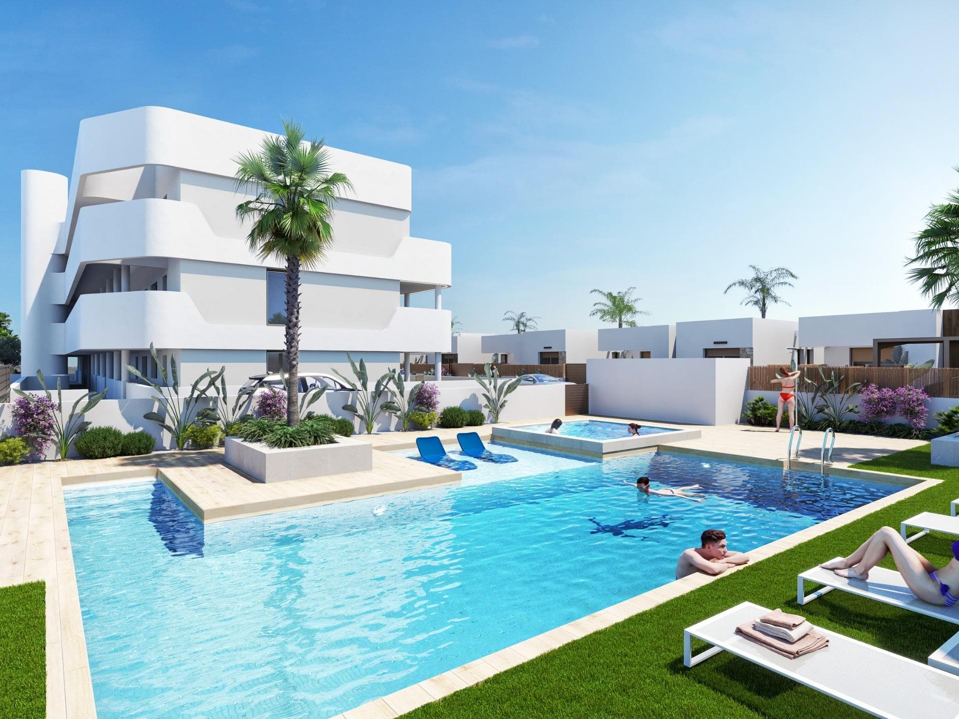 New Build Residential complex in Los AlcazaresLos Alcázares is an idyllic location for those looking to invest in a new residential property on the Costa Cálida. Just 25 minutes from Murcia Airport and approximately 55 minutes from Alicante Airport, this area is conveniently connected by highway to major cities like Cartagena, Murcia, and Alicante, as well as to other beautiful beaches along the Costa Cálida and Costa Blanca.New build residential development comprises 16 modern 2- and 3-bedroom apartments, along with 6 exclusive 3-bedroom villas. These properties beautifully blend modern design with quality and functionality, catering to a variety of lifestyles. Residents can enjoy stunning views of both the golf course and the picturesque Mar Menor, enhancing the overall living experience.Situated directly on the first line of the prestigious La Serena Golf course, known for its interwoven lakes and lush vegetation, this location is a golfer's paradise. The course features water hazards on 16 of its 18 holes, providing unique challenges and strategic gameplay for all skill levels. Additionally, the property boasts direct foot access to the town center, allowing residents to experience the tranquil beauty of the area while having access to local amenities and services.The Mar Menor, Europe's largest saltwater lagoon, is one of the region's prime attractions, covering 170 km² and featuring five charming islands. Its warm, calm waters and gentle waves make it an ideal destination for swimming and a variety of water sports, appealing to both nature enthusiasts and adventure seekers alike.This exclusive residential development in Los Alcázares is not just a home but a lifestyle choice, combining luxury living with the natural beauty of the Costa Cálida. Whether you're an avid golfer, a water sports enthusiast, or simply seeking a serene coastal retreat, this location offers a unique opportunity to enjoy the best of Mediterranean living.