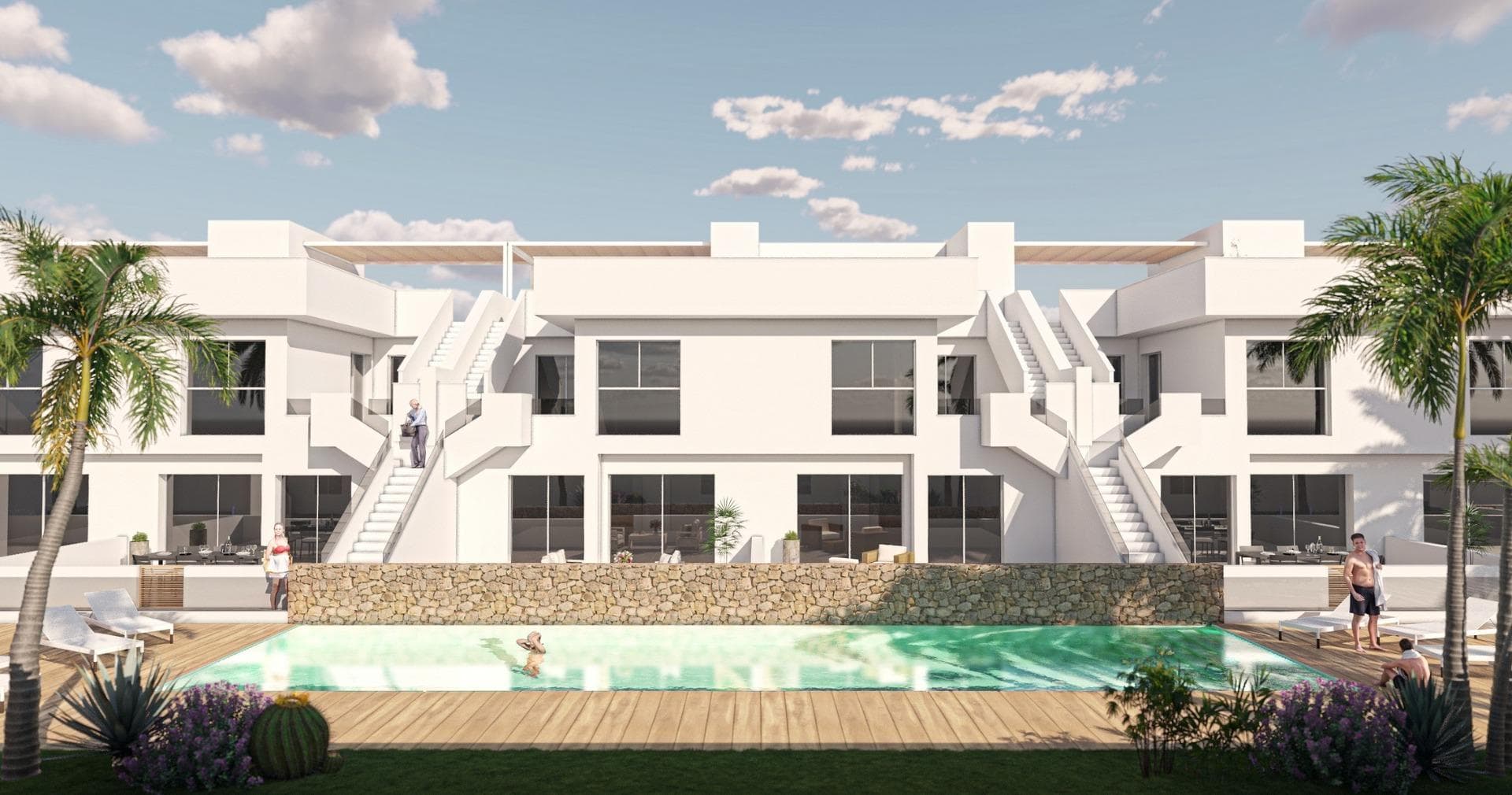New Build Bungalow Residential Complex in Pilar de la Horadada&#13;&#13;Exclusive Modern Bungalows in Pilar de la Horadada&#13;This new development offers 16 stylish bungalows in the desirable town of Pilar de la Horadada, located in the southernmost part of Costa Blanca. Choose between 2 or 3-bedroom options, each featuring 2 bathrooms. Ground-floor units come with spacious front and rear terraces, providing direct access to the communal pool and garden, while top-floor units boast a large private rooftop solarium.&#13;&#13;Spacious Living with Modern Features&#13;Each bungalow includes a bright and open living/dining area and a fully equipped kitchen with large sliding doors that connect the indoor and outdoor spaces seamlessly. Bedrooms feature built-in wardrobes. Ducted air conditioning is installed, and the complex includes an elevator for easy access to upper floors. Private parking spaces are also included for all units.&#13;&#13;Prime Location in Pilar de la Horadada&#13;Pilar de la Horadada is a traditional Spanish town with a lively main street offering supermarkets, shops, restaurants, and bars. The beautiful beaches of Torre de la Horadada and Mil Palmeras are just 5 minutes away. The development is conveniently located 40 km from Corvera Airport (Murcia) and 55 km from Alicante Airport, making it an ideal location for both permanent living and holiday getaways.&#13;