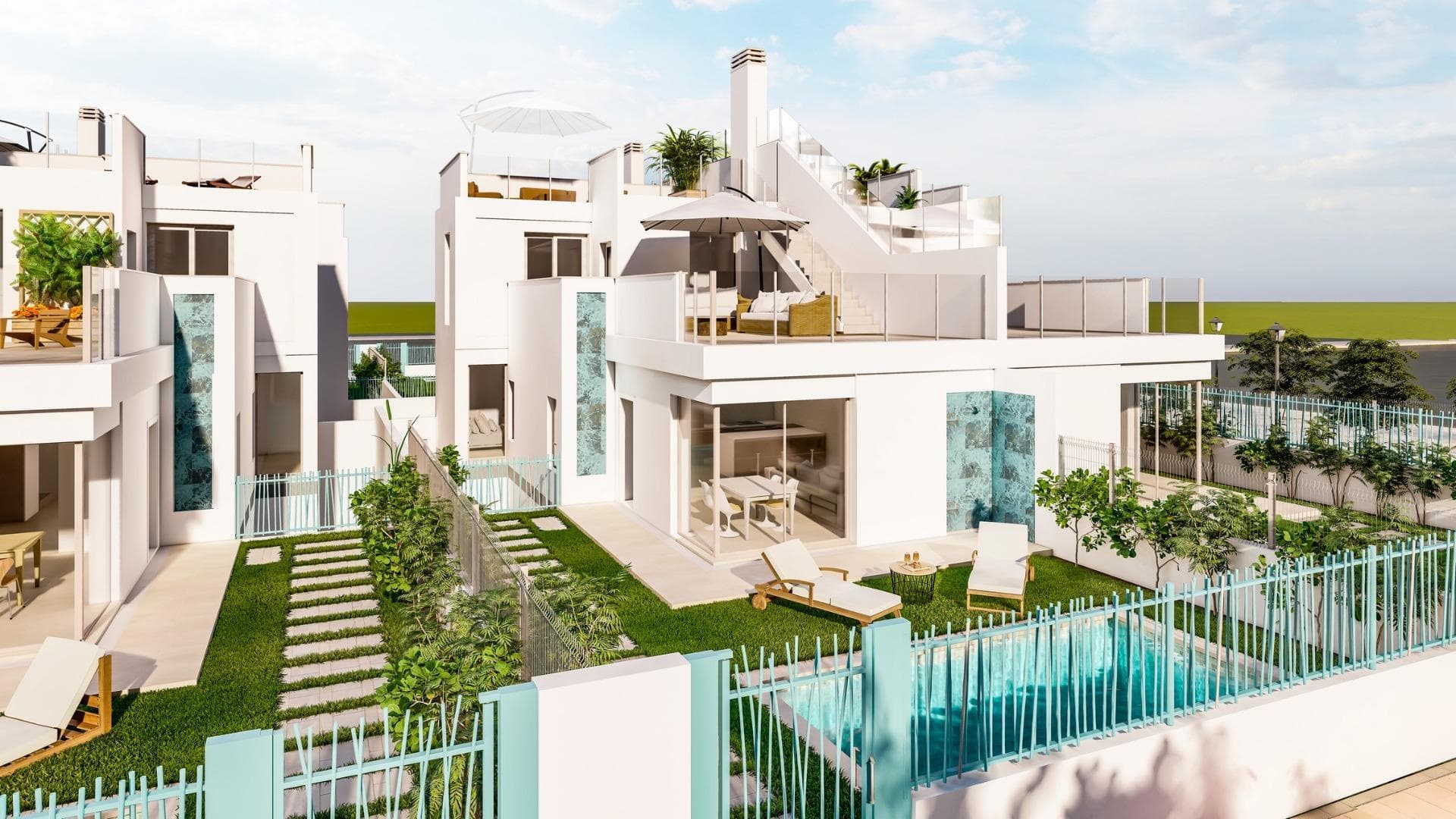 New Build Villas Near La Serena Golf and the Beach in Los Alcázares&#13;&#13;Discover the exclusive New Build Villas in the prestigious Torre del Rame area of Los Alcázares, Murcia. Known for its Mediterranean climate, this location offers easy access to both La Serena Golf and the beautiful beaches of the Mar Menor, making it an ideal place for leisure and relaxation.&#13;&#13;Property Options and Features&#13;Choose between two stunning villa models: a detached or semi-detached option. Both offer 3 bedrooms, 3 bathrooms, a basement with a garage, a private pool, and a spacious solarium. These modern, elegant designs feature bright, open spaces filled with natural light, high-quality finishes, ducted air conditioning, and underfloor heating in the bathrooms. Each villa also includes a landscaped garden and fully equipped kitchen.&#13;&#13;Prime Location and Easy Access&#13;Conveniently located near the AP7 motorway, the villas are well-connected to the Mediterranean coastline, allowing you to explore the diverse beauty of the region. The area offers a wide range of nearby amenities including supermarkets, shops, sports centers, schools, and pharmacies, ensuring a comfortable, convenient lifestyle in a peaceful residential setting.&#13;&#13;Nearby Points of Interest&#13;  La Serena Golf: 1 km&#13;  Mar Menor Beach: 1 km&#13;  Murcia Airport: 35 km&#13;  Cartagena Port: 22 km&#13;  Local Shopping Center: 3 km&#13;
