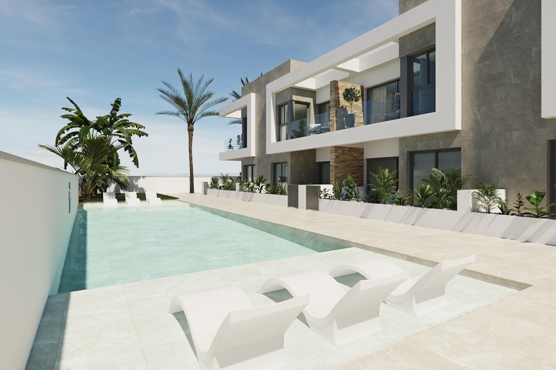 Modern Apartments in Pilar de la Horadada – Exclusive New Build Residential Complex&#13;&#13;Discover a new residential development of 12 stylish apartments with spacious common areas located in the vibrant town of Pilar de la Horadada, Costa Blanca. This gated community offers modern amenities and is designed to provide comfort and convenience in a prime location, close to all essential services and popular attractions.&#13;&#13;Exceptional Amenities for a Comfortable Lifestyle&#13;The residential complex features a private outdoor garage, bicycle parking with electric charging points, expansive landscaped gardens, and a modern swimming pool with a beach area and sunbeds. There are also changing rooms and restrooms for added convenience. The project is built with high-quality materials, energy-saving systems, and cutting-edge technologies like remote door opening.&#13;&#13;Thoughtfully Designed Apartments&#13;Choose from 2-bedroom apartments with open-plan kitchens, spacious living areas, and terraces. Ground floor apartments come with private gardens, while upper-floor apartments feature terraces and solariums. Each apartment is designed to maximize space and natural light, with a south-facing orientation for optimal comfort. Modern features include LED lighting, pre-installed air conditioning, fully equipped bathrooms, and contemporary kitchen appliances.&#13;&#13;Prime Location Close to Beaches and Golf Courses&#13;Pilar de la Horadada offers easy access to daily necessities, sports facilities, and beautiful beaches just 3 km away. The town is well connected, with Murcia Airport 40 km and Alicante Airport 75 km away. Enjoy world-class golf courses, including five within a 15 km radius, and shopping at La Zenia, just 15 minutes by car.&#13;