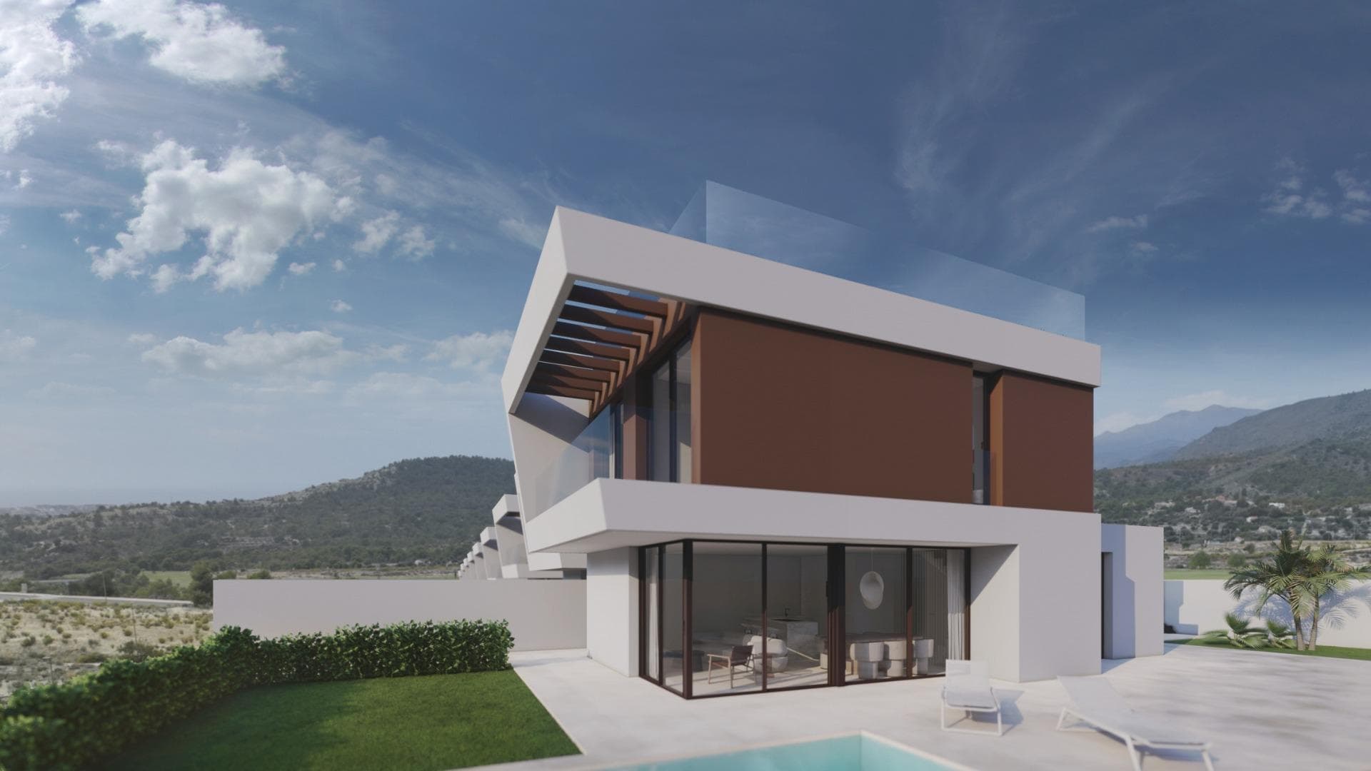 Modern Villas for Sale in the Heart of Costa Blanca, Alicante&#13;&#13;Discover a stunning new development of 14 modern villas located in the province of Alicante on the beautiful Costa Blanca. Nestled between Benidorm, Finestrat, and the iconic Puig Campana mountain, these villas offer breathtaking views of the sea and are situated near the newly developed Puig Campana Golf course. With a short 10-minute drive to some of Spain's most prestigious beaches, these properties provide an unmatched lifestyle in a tranquil yet accessible setting.&#13;&#13;Prime Location Close to Beaches and Amenities&#13;These villas are perfectly positioned just a few kilometers from the bustling city of Benidorm, known for its vibrant nightlife, golden beaches, and family attractions like Terra Mítica theme park, just 5 km away. Finestrat, only 4 km from the property, offers charming streets and panoramic views, making it an ideal escape for a peaceful afternoon. Alicante’s international airport is conveniently located just 40 km away, allowing for quick and easy travel, with an approximate drive time of 25 minutes.&#13;&#13;World-Class Golfing Experience&#13;Golf enthusiasts will love the proximity to two prestigious golf courses. The newly opened Puig Campana Golf, a 9-hole course, is just 1 km away, offering stunning views and a challenging design. Villaitana Golf, situated 6 km away, features two exclusive Nicklaus Design courses:&#13;  Levante Golf Course, an 18-hole American-style course with wide fairways and challenging obstacles.&#13;  Poniente Golf Course, a technical 18-hole course perfect for golfers seeking a more compact layout.&#13;&#13;Modern Design and Luxury Features&#13;Each villa is designed with a modern aesthetic, combining sleek elegance with functionality. Featuring private pools, parking spaces, terraces, and solariums, these villas offer everything you need for both relaxation and entertainment. Select units also include a basement, adding extra space for personalized living areas.&#13;&#13;Enjoy life on the Costa Blanca, with easy access to Benidorm, Finestrat, and Alicante. These villas provide the perfect blend of luxury, modern architecture, and prime location, making them ideal for both holiday homes and year-round living.&#13;