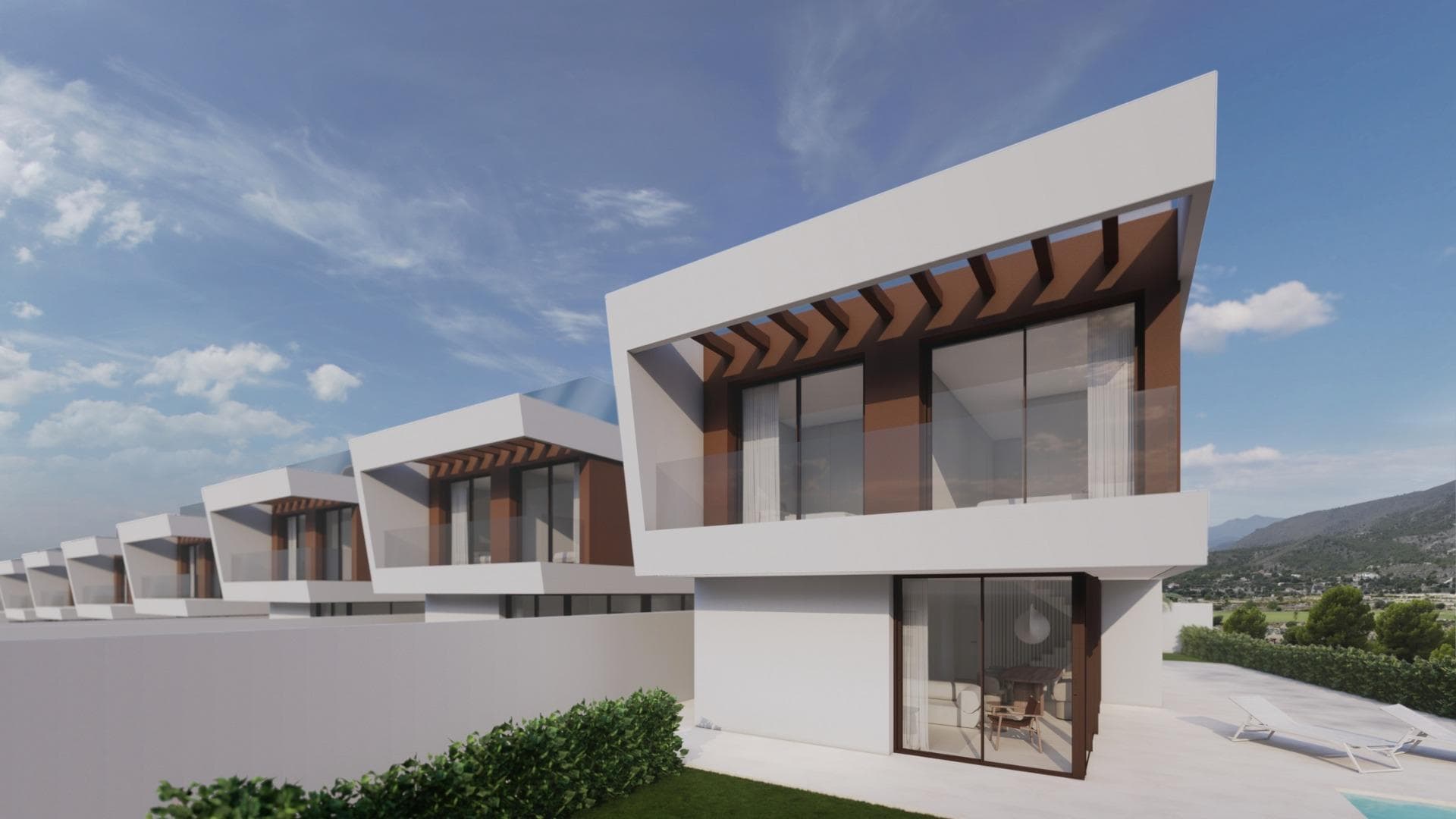 Modern Villas for Sale in the Heart of Costa Blanca, Alicante&#13;&#13;Discover a stunning new development of 14 modern villas located in the province of Alicante on the beautiful Costa Blanca. Nestled between Benidorm, Finestrat, and the iconic Puig Campana mountain, these villas offer breathtaking views of the sea and are situated near the newly developed Puig Campana Golf course. With a short 10-minute drive to some of Spain's most prestigious beaches, these properties provide an unmatched lifestyle in a tranquil yet accessible setting.&#13;&#13;Prime Location Close to Beaches and Amenities&#13;These villas are perfectly positioned just a few kilometers from the bustling city of Benidorm, known for its vibrant nightlife, golden beaches, and family attractions like Terra Mítica theme park, just 5 km away. Finestrat, only 4 km from the property, offers charming streets and panoramic views, making it an ideal escape for a peaceful afternoon. Alicante’s international airport is conveniently located just 40 km away, allowing for quick and easy travel, with an approximate drive time of 25 minutes.&#13;&#13;World-Class Golfing Experience&#13;Golf enthusiasts will love the proximity to two prestigious golf courses. The newly opened Puig Campana Golf, a 9-hole course, is just 1 km away, offering stunning views and a challenging design. Villaitana Golf, situated 6 km away, features two exclusive Nicklaus Design courses:&#13;  Levante Golf Course, an 18-hole American-style course with wide fairways and challenging obstacles.&#13;  Poniente Golf Course, a technical 18-hole course perfect for golfers seeking a more compact layout.&#13;&#13;Modern Design and Luxury Features&#13;Each villa is designed with a modern aesthetic, combining sleek elegance with functionality. Featuring private pools, parking spaces, terraces, and solariums, these villas offer everything you need for both relaxation and entertainment. Select units also include a basement, adding extra space for personalized living areas.&#13;&#13;Enjoy life on the Costa Blanca, with easy access to Benidorm, Finestrat, and Alicante. These villas provide the perfect blend of luxury, modern architecture, and prime location, making them ideal for both holiday homes and year-round living.&#13;