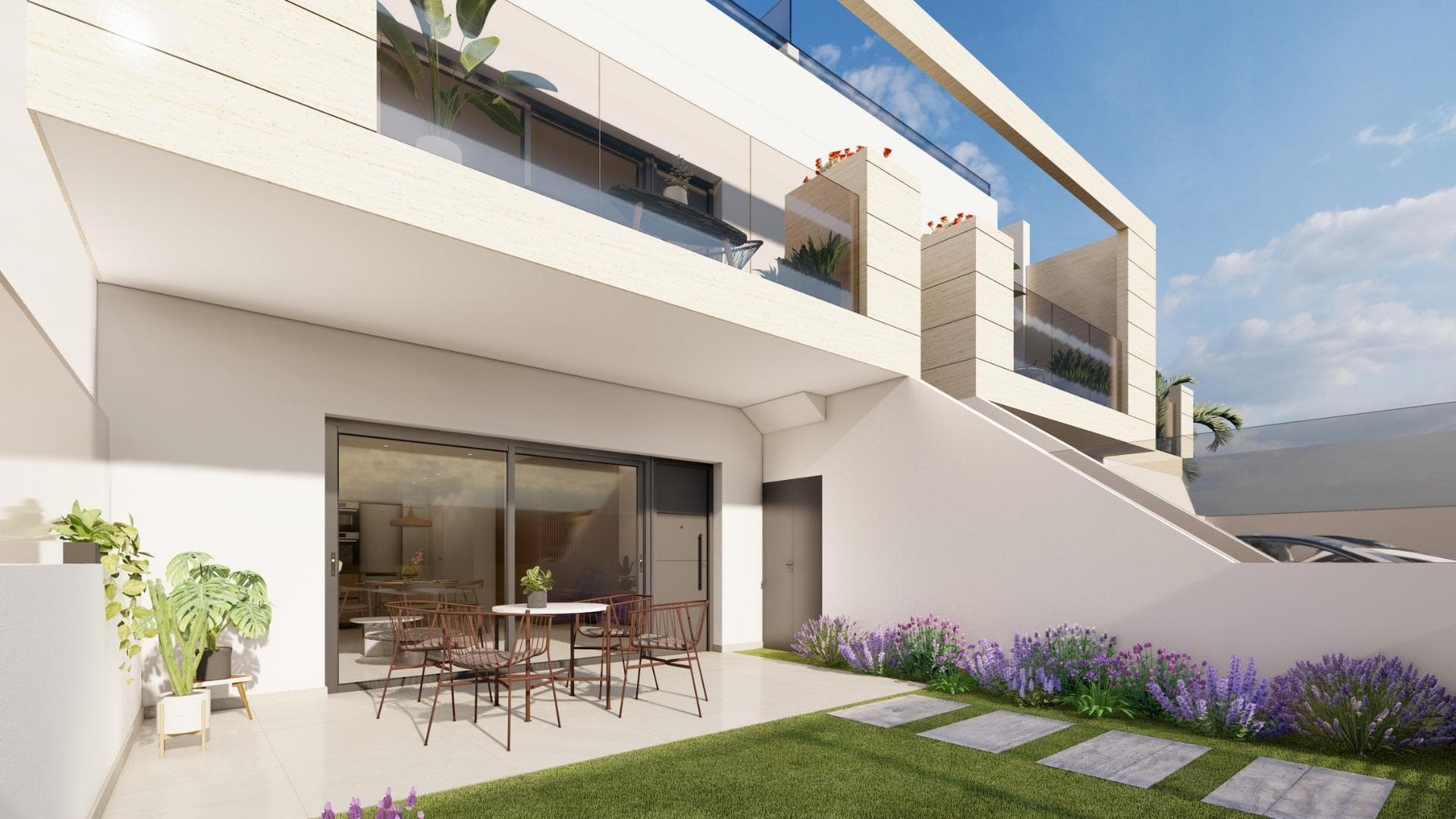 Newly built bungalows in Lo Pagán: Modern living close to the beach&#13;&#13;Prime location in Lo Pagán, San Pedro del Pinatar&#13;&#13;Discover the perfect coastal lifestyle with these newly built bungalows in Lo Pagán, a charming area of San Pedro del Pinatar. Located just 1.2 km from the beautiful Villa Nanitos Beach, you are a 15-minute walk from sandy beaches and the iconic Molino Quintín. This prime location is perfect for beach lovers and water sports enthusiasts, with yacht clubs and marinas nearby. Plus, all essential amenities such as supermarkets, bars and restaurants are just a few minutes' walk away.&#13;&#13;Features&#13;&#13;These stylish bungalows feature 2 bedrooms, 2 bathrooms, an open-plan kitchen and a living room. The bungalows have pre-installation for air conditioning, fitted wardrobes and modern interiors. The ground floor units have a large terrace with the option of adding a private pool (available at an additional cost), while the upper floor units have a private solarium with a pool included, perfect for relaxing under the Mediterranean sun.&#13;&#13;High-quality finishes&#13;&#13;Each bungalow includes a parking space, and all apartments have high-quality finishes. Features include Bosch kitchen appliances, electric shutters, pre-installation for ducted air conditioning, fully equipped bathrooms and LED lighting both inside and outside.&#13;&#13;Ideal for year-round living&#13;&#13;Lo Pagán offers a peaceful lifestyle with a welcoming and established community. Residents can enjoy activities throughout the year thanks to the region's mild winter climate. The area has indoor swimming pools, sports facilities and a wide variety of social events. The natural mud baths and the calm waters of the Mar Menor add to its appeal, making it a privileged destination for wellness and relaxation.&#13;&#13;Nearby attractions&#13;&#13;Dos Mares Shopping Centre: 5 minutes by car&#13;Murcia Airport (Corvera): 30 minutes by car&#13;Alicante Airport: 1 hour by car&#13;Golf courses and marinas are within easy driving distance, making it an excellent location for both leisure and convenience.&#13;