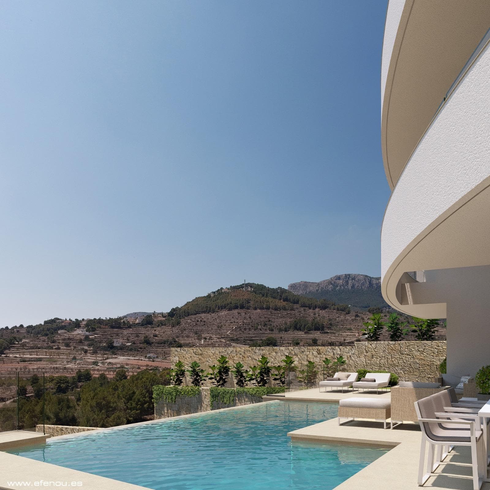 Luxurious Sea-View Villa in Calpe – Modern Elegance with Stunning Views

Prime Location in Calpe, Alicante – Quiet and Established Area

This luxurious villa is located in Calpe, Alicante, nestled in a peaceful and established neighborhood known for its charm and proximity to some of the area’s best attractions. Just 5.4 km from the heart of Calpe, this villa offers convenient access to the town center and Calpe’s stunning beaches, which boast crystal-clear waters and soft sands. Known for its scenic beauty, Calpe is surrounded by natural parks and the iconic Peñón de Ifach, a landmark that adds a unique character to the landscape.

Nearby Points of Interest:

Calpe Center and Beaches: Only 5.4 km away, allowing easy access to local shops, restaurants, and beaches.
Alicante Airport: 78 km, making it convenient for international and domestic travel.
Golf Courses: Several renowned golf courses are within a 15 km radius, perfect for golf enthusiasts.
Shopping Centers: The popular La Marina Shopping Center in Benidorm is around 25 km away, offering a variety of shopping and dining options.
Port of Calpe: Approximately 6 km away, ideal for yacht lovers and water sports.

Stunning Sea-View Villa with 3 Floors of Modern Comfort

This villa offers 335 m² of luxurious living space on a generous 1,042 m² plot, with spectacular views of the sea, the Peñón de Ifach, and the town of Calpe. With three thoughtfully designed floors connected by an interior staircase and elevator, this villa provides style and convenience at every level.

Semi-Basement Level: Parking, Laundry, and Wine Cellar

Entering from the street through automatic gates, you arrive directly at the garage entrance, located on the semi-basement level. The spacious 52 m² garage accommodates multiple vehicles and includes a dedicated laundry area and a wine cellar, adding a touch of luxury and practicality.

Main Floor: Open Living Space and Poolside Access

On the main floor, accessed by staircase or elevator, you’ll find an expansive living and dining area leading to a 25 m² porch and an impressive 78 m² pool terrace. The open-concept kitchen, fully equipped with Siemens appliances, blends seamlessly into the living area. This floor also includes two bedrooms with en-suite bathrooms and a guest restroom.

Upper Floor: Private Bedrooms with Stunning Terraces

The top floor features two additional double bedrooms, each with en-suite bathrooms and access to open terraces offering panoramic views.

High-Quality Finishes and Modern Amenities

This villa boasts top-notch features, including Technal carpentry with safety glass, LED lighting, underfloor heating, ducted air conditioning, and an aerothermal system for hot water and heating. Additional amenities include electric blinds, built-in wardrobes, interior and exterior alarm systems, security cameras pre-installation, and a 10x3.3 m infinity pool with a barbecue area. South-facing for optimal sun exposure, this villa is energy-efficient with an A rating.

Experience a Life of Luxury and Tranquility in Calpe