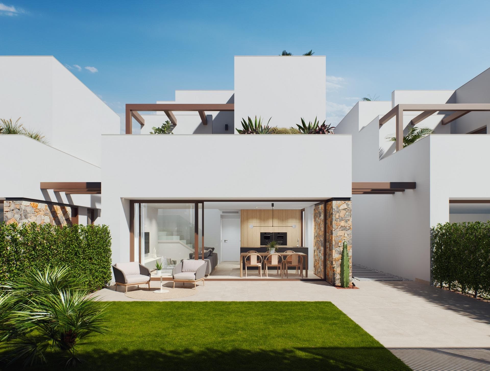 New Build Villas in Exclusive Gated Resort in Murcia, Near Mar Menor Beach&#13;&#13;Prime Location in the Heart of Murcia’s Scenic Coastline&#13;&#13;Discover luxurious new-build villas in a private gated resort within the Murcia region, known for its exceptional golf courses and proximity to the Mar Menor Sea. Situated just 10 minutes from beautiful sandy beaches, these villas offer a perfect mix of coastal relaxation and leisure opportunities. Located near Los Alcázares, a vibrant seaside town known for water sports and beachside dining, this resort provides easy access to Murcia Airport, just 22 km away, and the historic city of Cartagena, only 15 km from the resort.&#13;&#13;Spacious and Modern Villas with Premium Features&#13;&#13;Each villa is thoughtfully designed across three floors, providing ample space and a comfortable layout. With 2 or 3 bedrooms, 2 bathrooms, these homes are ideal for families and couples alike. The open-plan kitchen flows seamlessly into the dining and living areas, creating a bright, airy atmosphere. Key features include fitted wardrobes, a private basement, optional solarium, and a private garden with an optional swimming pool and parking space. &#13;&#13;Luxury Amenities and High-Quality Finishes&#13;&#13;Each villa is crafted with high-end materials and features:&#13;&#13;A spacious basement&#13;Indoor-outdoor porcelain flooring with anti-slip treatment outdoors&#13;Pre-installation of ducted air conditioning&#13;Aerothermal heat pump system for hot water and electric radiant floor heating in bathrooms&#13;Stylish kitchens with paneled cabinets and built-in appliances, including a ceramic hob, extractor hood, integrated oven, and microwave&#13;LED lighting package and standard home automation system for modern living&#13;Electric shutters in the bedrooms&#13;&#13;Resort-Style Living with Unmatched Recreational Facilities&#13;&#13;This exclusive gated resort is designed around a vast 126,000 m² green space, offering walking and cycling paths, sports facilities, paddle and tennis courts, a mini-golf course, dog parks, and leisure areas. At the heart of the resort is an impressive 17,000 m² crystal-clear lake with white sandy beaches, evoking a Caribbean ambiance in the heart of Murcia. Two islands within the lake feature a bar and beach chiringuitos for a relaxing retreat close to home.&#13;&#13;Close to Key Attractions and Points of Interest&#13;&#13;This strategic location offers easy access to nearby points of interest, including:&#13;&#13;Los Alcázares Beach: 4 km&#13;Murcia Airport: 22 km&#13;Cartagena: 15 km&#13;Surrounding golf courses for golf enthusiasts&#13;&#13;These new-build villas in Murcia are the ideal choice for those seeking luxury, privacy, and a blend of active and leisure-filled lifestyles, all within a resort that offers an unparalleled sense of community and tranquility.&#13;