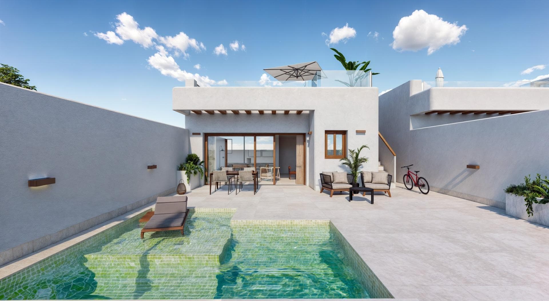 Modern New Build Villas in Torre-Pacheco, Murcia&#13;&#13;Discover the perfect blend of modern design, comfort, and location with these stunning new build villas in Torre-Pacheco, Murcia. &#13;&#13;Whether you’re seeking a permanent residence, holiday home, or investment property, these stylish detached villas offer exceptional value and convenience in one of Spain’s most sought-after regions.&#13;&#13;Stylish Villas with Premium Features&#13;These modern single-level villas feature 2 or 3 bedrooms and 2 bathrooms, designed with an open-plan kitchen and a spacious living/dining area. Each home is equipped with:&#13;&#13;Private Pool: Complete with an outdoor shower, filtration system, and LED lighting.&#13;Solarium with Summer Kitchen: Includes a sink and pre-installation for a washing machine and mini fridge, accessible via an exterior staircase.&#13;High-Quality Appliances: Balay brand ceramic hob, oven, column microwave, refrigerator, extractor hood, and integrated dishwasher.&#13;Additional highlights include premium porcelain sanitary ware in bathrooms, fully equipped wardrobes with white lacquered doors, and energy-efficient interior and exterior LED lighting.&#13;&#13;Prime Location with Excellent Connectivity&#13;Situated in the charming village of Torre-Pacheco, these villas are surrounded by essential amenities like supermarkets, banks, bars, and restaurants. The location offers an ideal balance of tranquility and accessibility:&#13;&#13;Beaches of Mar Menor: Just a 15-minute drive (approx. 12 km).&#13;Murcia International Airport: Only 20 minutes away (approx. 18 km).&#13;Golf Courses: Torre-Pacheco is renowned for its award-winning golf courses, several of which are just a short drive from the villas.&#13;Shopping &amp; Entertainment: Cartagena Port and its vibrant shopping scene are within 30 minutes (approx. 26 km), while the city of Murcia, known for its culture and dining, is around 35 minutes away (approx. 37 km).&#13;&#13;Elegant Living in a Healthy Environment&#13;Torre-Pacheco and the surrounding Murcia region are celebrated for their exceptional quality of life, offering a healthy Mediterranean climate and abundant outdoor activities. The villas modern interiors and premium finishes make them both stylish and functional, creating a welcoming space for relaxation and entertaining.&#13;&#13;Make Your Move Today&#13;These new build villas in Torre-Pacheco combine luxury, convenience, and value in an unbeatable location. Don’t miss the opportunity to own a property in one of Spain’s healthiest and most desirable areas. Contact us now to schedule a viewing or request more information!&#13;