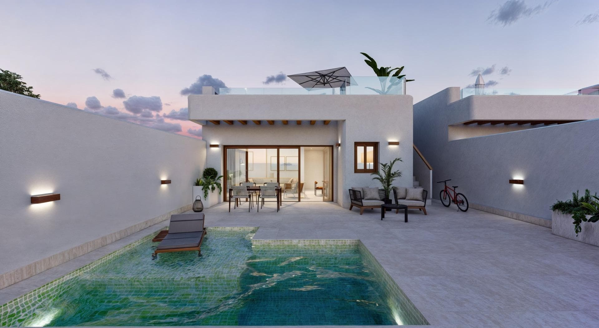 Modern New Build Villas in Torre-Pacheco, Murcia&#13;&#13;Discover the perfect blend of modern design, comfort, and location with these stunning new build villas in Torre-Pacheco, Murcia. &#13;&#13;Whether you’re seeking a permanent residence, holiday home, or investment property, these stylish detached villas offer exceptional value and convenience in one of Spain’s most sought-after regions.&#13;&#13;Stylish Villas with Premium Features&#13;These modern single-level villas feature 2 or 3 bedrooms and 2 bathrooms, designed with an open-plan kitchen and a spacious living/dining area. Each home is equipped with:&#13;&#13;Private Pool: Complete with an outdoor shower, filtration system, and LED lighting.&#13;Solarium with Summer Kitchen: Includes a sink and pre-installation for a washing machine and mini fridge, accessible via an exterior staircase.&#13;High-Quality Appliances: Balay brand ceramic hob, oven, column microwave, refrigerator, extractor hood, and integrated dishwasher.&#13;Additional highlights include premium porcelain sanitary ware in bathrooms, fully equipped wardrobes with white lacquered doors, and energy-efficient interior and exterior LED lighting.&#13;&#13;Prime Location with Excellent Connectivity&#13;Situated in the charming village of Torre-Pacheco, these villas are surrounded by essential amenities like supermarkets, banks, bars, and restaurants. The location offers an ideal balance of tranquility and accessibility:&#13;&#13;Beaches of Mar Menor: Just a 15-minute drive (approx. 12 km).&#13;Murcia International Airport: Only 20 minutes away (approx. 18 km).&#13;Golf Courses: Torre-Pacheco is renowned for its award-winning golf courses, several of which are just a short drive from the villas.&#13;Shopping &amp; Entertainment: Cartagena Port and its vibrant shopping scene are within 30 minutes (approx. 26 km), while the city of Murcia, known for its culture and dining, is around 35 minutes away (approx. 37 km).&#13;&#13;Elegant Living in a Healthy Environment&#13;Torre-Pacheco and the surrounding Murcia region are celebrated for their exceptional quality of life, offering a healthy Mediterranean climate and abundant outdoor activities. The villas modern interiors and premium finishes make them both stylish and functional, creating a welcoming space for relaxation and entertaining.&#13;&#13;Make Your Move Today&#13;These new build villas in Torre-Pacheco combine luxury, convenience, and value in an unbeatable location. Don’t miss the opportunity to own a property in one of Spain’s healthiest and most desirable areas. Contact us now to schedule a viewing or request more information!&#13;
