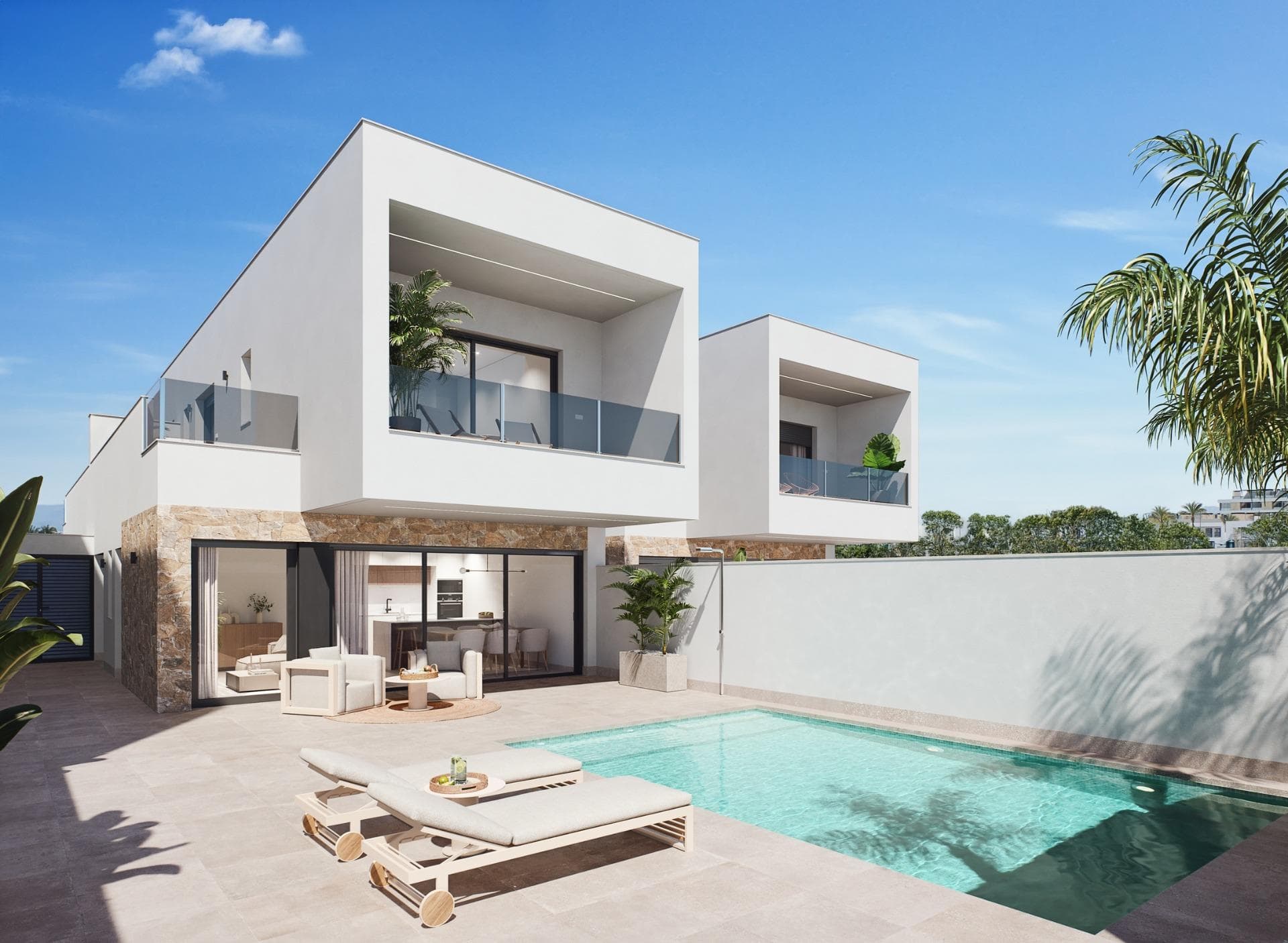 Modern New Build Villas in San Pedro del Pinatar with Private Pool&#13;&#13;Elegant Design and Premium Quality&#13;Welcome to the second phase of an exclusive development in San Pedro del Pinatar, where modernity meets functionality. These 12 semi-detached villas are crafted with a minimalist design and high-quality finishes, offering a sophisticated and stylish living experience. Each villa features 3 spacious bedrooms, 3 bathrooms, and a private pool, along with terraces and a private garden. This is the perfect sanctuary for those seeking tranquility, privacy, and unparalleled comfort.&#13;&#13;Thoughtfully Designed Homes for Modern Living&#13;These new-build villas boast an open-plan kitchen connected to a bright living area, creating a seamless space for family living and entertaining. Key features include:&#13;&#13;3 bedrooms with built-in wardrobes.&#13;3 bathrooms with transparent glass shower screens for a sleek look.&#13;Private pool and garden, perfect for relaxing outdoors.&#13;First-floor terraces and an optional rooftop solarium for sunbathing.&#13;Parking space on the plot.&#13;Large windows in the living room provide direct access to the pool area, flooding the interior with natural light. Energy-efficient additions like solar panels and pre-installed ducted air conditioning ensure modern comfort and sustainability. Included appliances by Balay (induction hob, oven, microwave, extractor, refrigerator, integrated dishwasher, and washing machine) make moving in effortless.&#13;&#13;Prime Location in San Pedro del Pinatar&#13;Located on the beautiful Mar Menor and Mediterranean coast, San Pedro del Pinatar is a dream destination for water sports enthusiasts and beach lovers. The area is renowned for its serene beaches, natural mud baths, and vibrant marina, offering year-round activities in a mild climate.&#13;&#13;Points of interest near these villas include:&#13;Dos Mares Shopping Center: 5 km (5 minutes by car).&#13;Murcia-Corvera Airport: 30 km (30 minutes by car).&#13;Alicante Airport: 80 km (1 hour by car).&#13;Local golf courses: Various options within 10–15 km.&#13;Lo Pagán beaches: Just a short 3 km drive away.&#13;The neighborhood is well-served by schools, sports facilities, shops, and public transport, making it ideal for families and retirees alike.&#13;&#13;Discover Your Dream Home Today&#13;Don’t miss the chance to own one of these exclusive villas in a thriving community. Experience the best of coastal living and make San Pedro del Pinatar your new home. Contact us now to schedule a viewing and secure your piece of paradise!&#13;