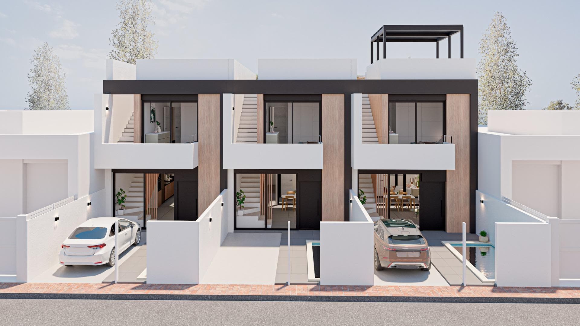 New Construction Townhouses in San Pedro del Pinatar&#13;&#13;Luxury Townhouses Near the Mediterranean and Mar Menor&#13;Discover this new development in San Pedro del Pinatar, Murcia, offering a prime location surrounded by essential services, sports facilities, golf courses, and stunning beaches. Located just 5 minutes from the Mediterranean Sea and the tranquil shores of the Mar Menor, this exclusive complex features three luxury townhouses designed for comfort and style.&#13;&#13;Modern Homes with Premium Features&#13;Each townhouse boasts three bedrooms, two bathrooms, a private swimming pool, a spacious terrace, an interior patio, a rooftop solarium, and private parking. The properties are equipped with modern kitchens and bathrooms, pre-installed air conditioning, and high-quality finishes. Additional highlights include:&#13;&#13;Aluminum exterior carpentry with hermetically sealed sliding doors and thermal aluminum blinds or interior curtains.&#13;Built-in wardrobes with textile-style interiors and drawers in all bedrooms.&#13;Wall-mounted toilets with concealed cisterns and designer furniture with porcelain sinks and mirrors.&#13;Transparent safety glass shower screens in both bathrooms.&#13;LED lighting throughout the home, including the kitchen, living room, hallway, and bathrooms, as well as outdoor LED fixtures on facades, garden walls, and the solarium.&#13;A fully equipped kitchen with Balay appliances or equivalent, including a refrigerator, ceramic hob, oven, microwave, extractor hood, and integrated dishwasher.&#13;A private swimming pool with a stainless-steel shower, LED lighting, and complete purification system.&#13;&#13;Prime Location with Excellent Connectivity&#13;San Pedro del Pinatar is a vibrant coastal town known for its natural mud baths, serene beaches, and water sports opportunities. It offers easy access to all amenities, including the Dos Mares Shopping Center, which is just 5 minutes away. The area is also a haven for golf enthusiasts, with several courses nearby.&#13;&#13;Key distances:&#13;Murcia/Corvera Airport: 30 minutes (approximately 35 km).&#13;Alicante Airport: 1 hour (approximately 80 km).&#13;Dos Mares Shopping Center: 5 minutes (approximately 3 km).&#13;Lo Romero Golf Course: 15 minutes (approximately 12 km).&#13;Marina and sailing clubs: 10 minutes (approximately 7 km).&#13;&#13;Experience Coastal Living at Its Best&#13;With its strategic location, modern design, and luxurious features, these townhouses are the perfect blend of comfort and convenience. Don’t miss this opportunity to own a dream home in San Pedro del Pinatar. Contact us today to schedule a viewing!&#13;