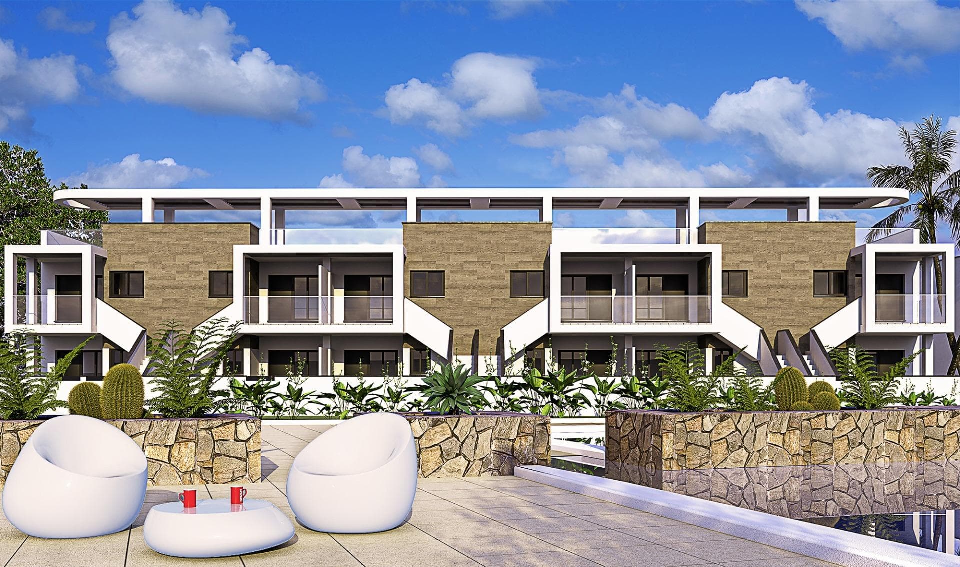 New Build Apartments and Bungalows in Mil PalmerasModern Residential Complex in a Prime LocationDiscover a stunning new residential complex in the charming coastal area of Mil Palmeras, offering a selection of high-quality apartments and bungalows designed to meet modern living standards. Nestled just 600 meters from the sandy beaches of Mil Palmeras, this development combines comfort, style, and convenience.Spacious and Stylish Apartments and BungalowsChoose from 2- or 3-bedroom apartments, each featuring 2 bathrooms and spacious terraces. Alternatively, opt for bungalows with 2 bedrooms and 2 bathrooms, available in ground-floor units with private gardens or top-floor units with exclusive solariums.High-Quality Finishes for Modern LivingThis development offers exceptional features and finishes:PVC exterior carpentry with thermal break and double-glazed “Climalit” low-emissivity windows.Reinforced entrance doors for added security.Bathrooms equipped with vanities, mirrors, and modern fixtures.Built-in wardrobes with interior LED lighting, drawers, and hanging rails.Hot water supplied through aerothermal technology for energy efficiency.Pre-installation for ducted air conditioning and heating in living areas and bedrooms.Exclusive Community AmenitiesThe complex is fully gated and boasts:Beautifully landscaped communal gardens.Sparkling swimming pools for residents.Optional underground parking spaces and storage rooms for added convenience.Prime Location in Mil PalmerasLocated between Campoamor and Torre de la Horadada, this development offers easy access to local amenities, schools, restaurants, and sports facilities open year-round. Mil Palmeras is known for its charming town square and its vibrant "restaurant alley," featuring diverse international cuisines.For nature enthusiasts, the Lo Monte Nature Park, a protected bird reserve, and the Río Seco Natural Park offer perfect spots for hiking and relaxation.Proximity to Key Points of InterestMurcia International Airport: 40 km (approx. 45 minutes).Alicante Airport: 75 km (approx. 45 minutes).Closest golf courses: Less than 10 km away.Shopping centers: 8 km to Zenia Boulevard.Marinas and ports: 5 km to Torre de la Horadada.Your Dream Home AwaitsDon’t miss the opportunity to own a property in this exceptional residential complex. Whether you’re looking for a vacation home or a permanent residence, this development in Mil Palmeras has it all. Contact us today for more information or to schedule a visit!