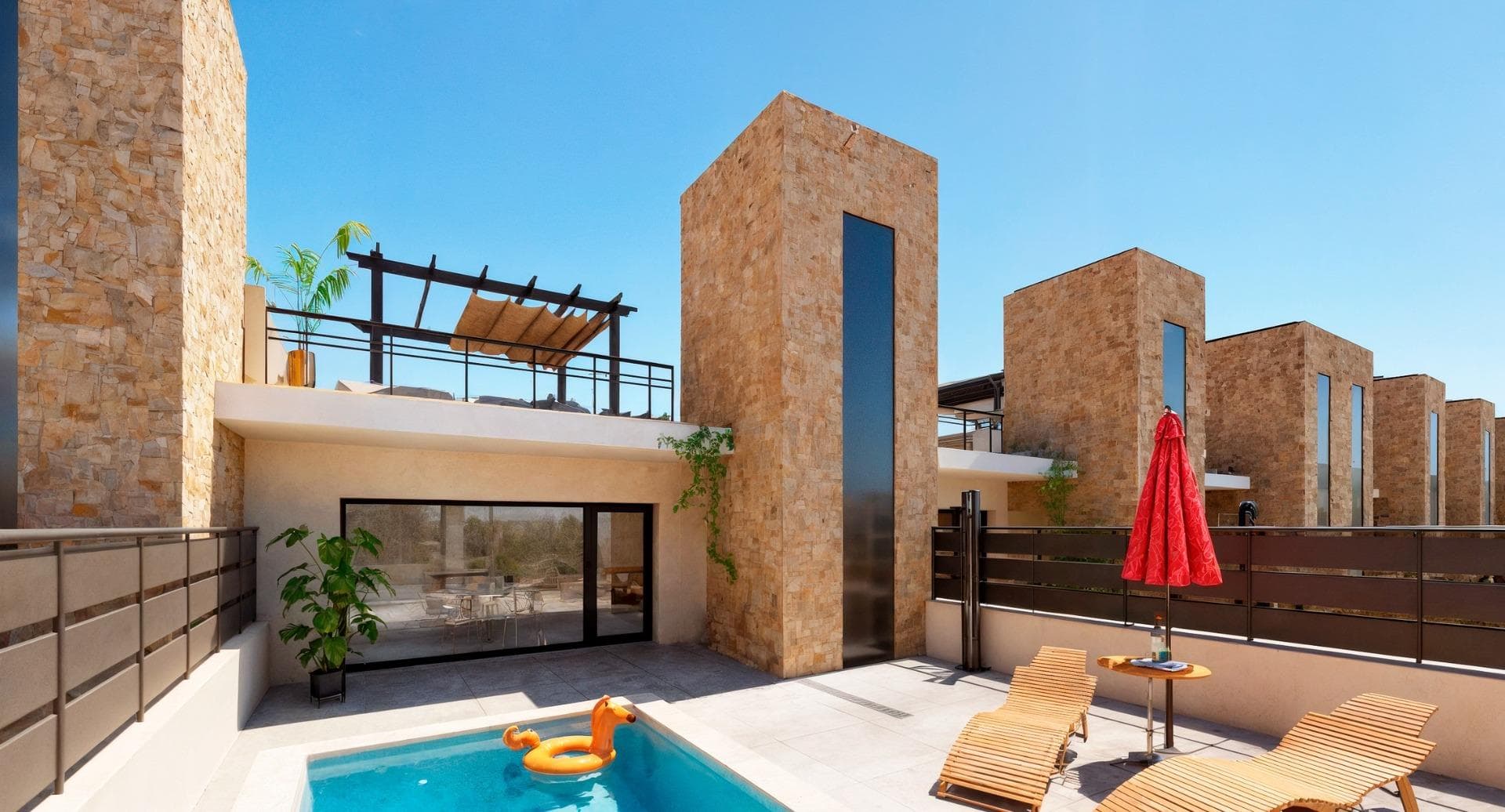 Newly built residential development of villas and townhouses in Fuente Álamo, Murcia.This location offers an exceptional natural environment, far from the hustle and bustle of big cities and the tourist pressure of the coast. Furthermore, we are committed to working from a sustainable development perspective, minimising our environmental impact and maximising integration with the local community. Here, your dreams of a peaceful and sustainable lifestyle become a reality. Imagine waking up every morning in a stunning natural setting, surrounded by peaceful landscapes and the unique beauty of the Murcian countryside.This development prioritises energy efficiency, the use of environmentally friendly materials and harmonious integration with the rural environment. From the design of the property to the planning of the development, we strive to reduce our carbon footprint and promote responsible practices in all our operations.Full ducted air conditioning, hot/cold.Video intercom system.Colour-lacquered security access door with lock and anti-vandal security fittings.Cupboards with storage space, lined inside, lacquered in white.Kitchen furniture with appliances included.Hot water by aerothermal energy.Electric blinds.Pergolas in solariums.Private 2.5x4.5m swimming pool with underwater night lighting and salt chlorination system.Pre-installation for outdoor kitchen/jacuzzi in solarium.Fuente Álamo de Murcia is a town and municipality in the Region of Murcia, in southern Spain. It is located 22 km northwest of Cartagena and 35 km southwest of Murcia.The town is located in the Mar Menor basin, surrounded by the Algarrobo, Los Gómez, Los Victorias and Carrascoy mountain ranges. The water from these mountains flows down into the Rambla de Fuente Álamo and then into the Mar Menor.Fuente Álamo is 30 minutes from Murcia - Corvera airport. Nearest shops 6 km away.