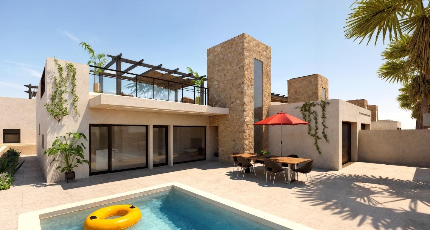 Newly built residential development of villas and townhouses in Fuente Álamo, Murcia.&#13;&#13;This location offers an exceptional natural environment, far from the hustle and bustle of big cities and the tourist pressure of the coast. Furthermore, we are committed to working from a sustainable development perspective, minimising our environmental impact and maximising integration with the local community. Here, your dreams of a peaceful and sustainable lifestyle become a reality. Imagine waking up every morning in a stunning natural setting, surrounded by peaceful landscapes and the unique beauty of the Murcian countryside.&#13;&#13;This development prioritises energy efficiency, the use of environmentally friendly materials and harmonious integration with the rural environment. From the design of the property to the planning of the development, we strive to reduce our carbon footprint and promote responsible practices in all our operations.&#13;&#13;Full ducted air conditioning, hot/cold.&#13;Video intercom system.&#13;Colour-lacquered security access door with lock and anti-vandal security fittings.&#13;Cupboards with storage space, lined inside, lacquered in white.&#13;Kitchen furniture with appliances included.&#13;Hot water by aerothermal energy.&#13;Electric blinds.&#13;Pergolas in solariums.&#13;Private 2.5x4.5m swimming pool with underwater night lighting and salt chlorination system.&#13;Pre-installation for outdoor kitchen/jacuzzi in solarium.&#13;&#13;Fuente Álamo de Murcia is a town and municipality in the Region of Murcia, in southern Spain. It is located 22 km northwest of Cartagena and 35 km southwest of Murcia.&#13;&#13;The town is located in the Mar Menor basin, surrounded by the Algarrobo, Los Gómez, Los Victorias and Carrascoy mountain ranges. The water from these mountains flows down into the Rambla de Fuente Álamo and then into the Mar Menor.&#13;&#13;Fuente Álamo is 30 minutes from Murcia - Corvera airport. Nearest shops 6 km away.&#13;