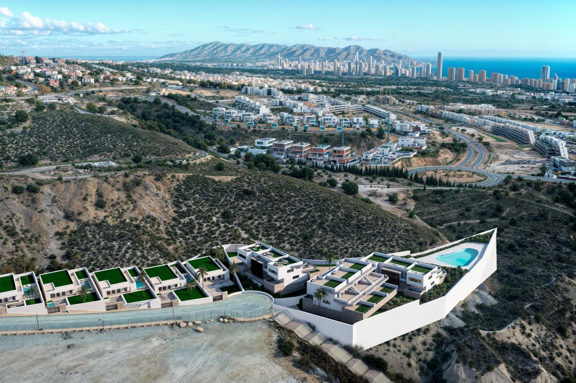New Build Homes with Panoramic Views in Finestrat-Benidorm&#13;&#13;Exclusive Residential Development with Sea and City Views&#13;Welcome to the second phase of an exclusive new-build residential complex in Finestrat-Benidorm, offering stunning panoramic views of the Mediterranean Sea and Benidorm skyline. These modern homes feature 2 or 3 bedrooms, 2 bathrooms, and spacious living areas filled with natural light.&#13;&#13;Choose between:&#13;Top-floor bungalows with a private solarium.&#13;Ground-floor bungalows with a private garden and the option of adding a private pool.&#13;Built with high-quality materials, these homes maximize natural light throughout the day and feature large terraces to enjoy Alicante’s 320+ days of sunshine per year.&#13;&#13;Prime Location Near the Best of Costa Blanca&#13;This exclusive residential complex is located near some of the best beaches, shopping areas, and leisure facilities on the Costa Blanca.&#13;&#13;Distances to key locations:&#13;Beaches (Levante, Poniente, Cala de Finestrat) – 4 km.&#13;Golf courses (Sierra Cortina, Villaitana) – 1 km.&#13;Benidorm city center – 5-minute drive.&#13;Alicante International Airport – 40 km (30-minute drive).&#13;High-speed train (AVE) connection – 30 minutes.&#13;The area offers excellent connectivity and is surrounded by essential services, including hospitals, schools, public transport, shopping centers, and restaurants.&#13;&#13;Premium Features for Comfort and Quality&#13;Each home includes:&#13;Private parking space. Optional storages for an extra cost.&#13;Reinforced security door.&#13;PVC windows with thermal break and double glazing.&#13;Ducted pre-installation for air conditioning.&#13;Aerothermal system for hot water.&#13;Access to a large communal pool.&#13;&#13;A Unique Opportunity for Investment and Quality Living&#13;Located in the beautiful Marina Baixa region, Finestrat offers a peaceful atmosphere while being just minutes from the vibrant Benidorm. Enjoy the best of both worlds—relax in a serene environment while having access to top attractions like Terra Mítica, Aqualandia, Mundomar, and Terra Natura.&#13;&#13;With its proximity to beaches, golf courses, and outdoor activities like hiking at Puig Campana, this is one of the best areas to invest in the Costa Blanca.&#13;&#13;Don’t miss this unique opportunity! Contact us today to schedule a visit and find your dream home in Finestrat-Benidorm.&#13;