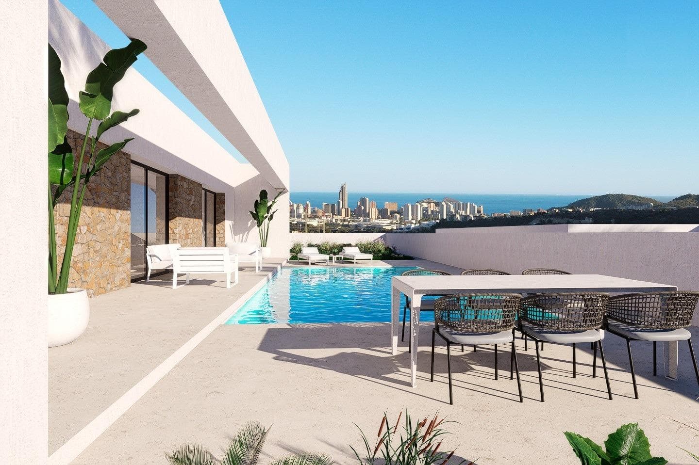 Newly built villas with sea views in Finestrat-Benidorm&#13;&#13;Exclusive residential complex with views of the sea and the city of Benidorm.&#13;Set of only 7 newly built detached villas in Finestrat-Benidorm, offering stunning panoramic views of the Mediterranean Sea and the Benidorm skyline. These modern properties have 3 bedrooms, 2 bathrooms and 1 toilet all on one floor, with the possibility of adding a basement for an extra cost. &#13;If you choose to add the basement, it will have natural ventilation and cross ventilation through 2 English patios on opposite sides, you can add an extra bedroom and bathroom and you can also add a games room, office, cinema room or whatever the future owners want to design.&#13;&#13;The properties have private plots of more than 500 m2 with private swimming pool, parking area and sea views.&#13;Built with high quality materials, these homes make the most of natural light throughout the day and have large terraces to enjoy the more than 320 days of sunshine a year in Alicante.&#13;&#13;Privileged location close to the best of the Costa Blanca&#13;This exclusive residential complex is located close to some of the best beaches, shopping areas and leisure facilities on the Costa Blanca.&#13;&#13;Distances to key locations:&#13;Beaches (Levante, Poniente, Cala de Finestrat) - 4 km.&#13;Golf courses (Sierra Cortina, Villaitana) - 1 km.&#13;Benidorm town centre - 5 minutes by car.&#13;Alicante International Airport - 40 km (30 minutes by car).&#13;High speed train connection (AVE) - 30 minutes.&#13;The area offers excellent connectivity and is surrounded by essential services such as hospitals, schools, public transport, shopping centres and restaurants.&#13;&#13;Premium features for comfort and quality&#13;Each property includes:&#13;Parking space within the plot. &#13;Reinforced security door.&#13;PVC windows with thermal break and double glazing.&#13;Pre-installation of ducted air conditioning.&#13;Aerothermal system for hot water.&#13;Private swimming pool of 36m2.&#13;&#13;A unique opportunity for investment and quality of life&#13;Situated in the beautiful Marina Baixa region, Finestrat offers a tranquil setting whilst being just minutes away from vibrant Benidorm. Enjoy the best of both worlds: relax in serene surroundings whilst having access to major attractions such as Terra Mitica, Aqualandia, Mundomar and Terra Natura.&#13;&#13;With its proximity to beaches, golf courses and outdoor activities such as hiking in Puig Campana, this is one of the best areas to invest in the Costa Blanca.&#13;&#13;Don't miss out on this unique opportunity! Contact us today to schedule a viewing and find your dream home in Finestrat-Benidorm.&#13;