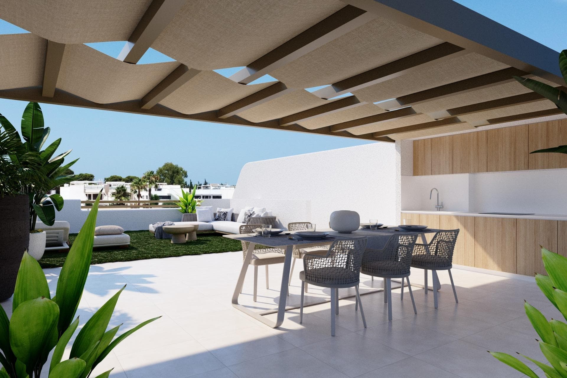 New Build Bungalows in San Pedro del Pinatar – Modern Living by the Sea&#13;&#13;Exclusive Residential Complex with Modern Bungalows&#13;Discover this new residential complex of 8 modern bungalows in San Pedro del Pinatar, one of the most desirable locations on the Costa Cálida. These contemporary homes offer 3 bedrooms, 2 bathrooms, an open-plan kitchen with a spacious living area, built-in wardrobes, and a private terrace.&#13;&#13;You can choose between:&#13;Ground floor bungalows with a private garden and on-plot parking.&#13;Top floor bungalows with a private solarium, perfect for enjoying the Mediterranean climate.&#13;&#13;High-Quality Features in Every Home&#13;Each bungalow includes top-tier finishes and modern features for maximum comfort:&#13;Air conditioning unit included.&#13;Aerothermal system for energy-efficient hot water production.&#13;Fully fitted kitchen with BOSCH appliances.&#13;Fully equipped bathrooms with furniture, mirrors, shower screens, and electric underfloor heating.&#13;Electric shutters on all windows.&#13;LED lighting throughout the interior and exterior of the property.&#13;&#13;Additional features for top-floor bungalows:&#13;Aluminum pergola for shade and style.&#13;Outdoor summer kitchen, perfect for entertaining.&#13;Private parking space and storage room for bicycles.&#13;&#13;Community Amenities&#13;Residents of this exclusive complex will enjoy:&#13;A beautifully landscaped communal area.&#13;A community swimming pool to relax and refresh.&#13;&#13;Prime Location in San Pedro del Pinatar&#13;San Pedro del Pinatar is a privileged coastal town, located between the Mar Menor and the Mediterranean Sea. It is well known for its beaches, natural mud baths, and excellent nautical facilities, including marinas and yacht clubs. The area is a paradise for water sports enthusiasts and offers a relaxed Mediterranean lifestyle with all essential services nearby.&#13;&#13;San Pedro del Pinatar boasts an established year-round community, with access to sports facilities, an indoor swimming pool, and a vibrant social scene, thanks to the region’s mild winter climate. The famous Lo Pagán area has grown significantly, offering a full range of amenities, shops, restaurants, and entertainment options.&#13;&#13;Distances to Key Points of Interest&#13;Dos Mares Shopping Center – 5 minutes.&#13;Mar Menor Beaches – 10 minutes.&#13;Murcia-Corvera Airport – 30 minutes.&#13;Alicante Airport – 1 hour.&#13;&#13;Invest in Quality &amp; Lifestyle&#13;These modern bungalows offer an exceptional opportunity to own a home in one of the most sought-after areas of the Costa Cálida. Whether as a holiday retreat, investment, or permanent residence, this is your chance to embrace the Mediterranean lifestyle.&#13;&#13;Contact us today to schedule a visit and secure your dream home in San Pedro del Pinatar!&#13;