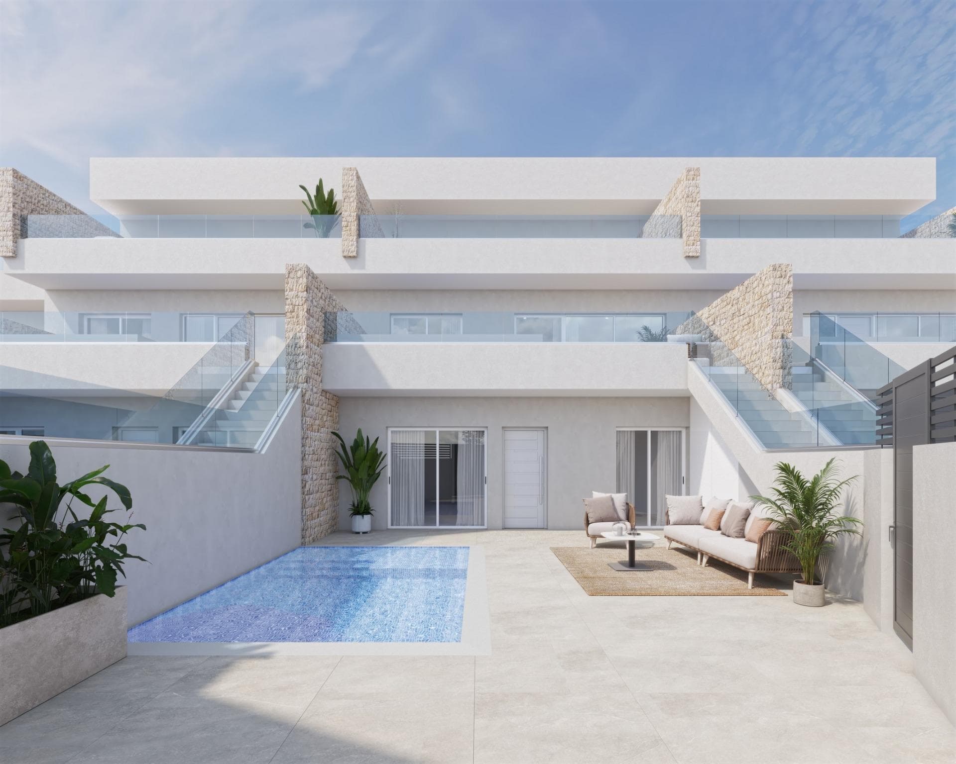 New build homes in Pilar de la Horadada with private pool&#13;&#13;Modern homes close to the beach&#13;Discover this exclusive new build residential complex in Pilar de la Horadada, which offers bungalows just 2.5 km from the beach. Designed for comfort and style, these homes are an excellent opportunity to enjoy life on the Costa Blanca.&#13;&#13;Spacious and stylish homes&#13;This development offers 2 or 3 bedroom homes with 2 bathrooms and private parking. Choose from:&#13;Ground floor bungalows with private garden.&#13;Top floor bungalows with open terrace.&#13;1 Townhouse with 3 bedrooms and corner plot.&#13;&#13;Each property is built with high quality materials and modern finishes, including:&#13;All properties have private swimming pool.&#13;Pre-installation of ducted air conditioning.&#13;Aluminium exterior carpentry with thermal break and double glazing.&#13;Security entrance door for peace of mind.&#13;Aerothermal system for efficient hot water production.&#13;Fitted wardrobes in bedrooms.&#13;&#13;Privileged location in Pilar de la Horadada&#13;Pilar de la Horadada is a charming Spanish town in the southernmost part of the Costa Blanca. It offers a vibrant main street with numerous shops, supermarkets, restaurants and picturesque squares.&#13;&#13;The stunning beaches of Torre de la Horadada and Mil Palmeras are only 5 minutes away, with fine golden sand a picturesque promenade. The town also offers well-developed cycle paths and hiking trails, as well as a variety of sporting activities.&#13;&#13;Convenient access to key destinations&#13;Lo Romero Golf Course - 5 km (10 minutes drive).&#13;Corvera Airport (Murcia) - 40 km (40 minutes drive).&#13;Alicante Airport - 55 km (55 minutes drive).&#13;Shopping Centres (La Zenia Boulevard) - 15 km (15 minutes by car).&#13;Torre de la Horadada Marina - 3 km (5 minutes drive).&#13;&#13;Secure your dream home today&#13;Don't miss out on this fantastic opportunity to own a brand new home in a prime location. Contact us today for more information and to arrange a viewing.&#13;