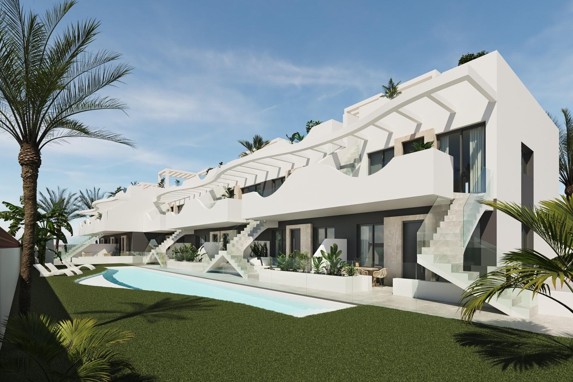 Exclusive New Build Bungalows in Pilar de la Horadada - Unique Style and Privileged Location&#13;&#13;A Unique Style that Defines your New Home&#13;This new development of 2 and 3 bedroom bungalows in Pilar de la Horadada stands out for its modern design and undulating structure, which gives each home a unique personality.&#13;&#13;You will be able to choose between:&#13;&#13;Ground floors with front garden and back patio.&#13;Top floors with private solarium.&#13;The residential complex has a communal swimming pool and spacious communal areas designed for the relaxation and enjoyment of the whole family.&#13;&#13;In addition, the development offers an outdoor gym, communal jacuzzi and parking area for bicycles, as well as a parking space assigned to each property with the option of charging electric vehicles, designed to offer you maximum comfort and quality of life.&#13;&#13;Bright and high quality interiors&#13;Each home has been designed to offer an experience of comfort and functionality. Open-plan spaces maximise the feeling of spaciousness and light, while neutral tones and wood finishes create an elegant and welcoming ambience.&#13;&#13;Spacious and bright bedrooms, with the master bedroom offering access to a private terrace.&#13;Open concept kitchen, integrated into the living room for convenience.&#13;Modern bathrooms with top quality materials.&#13;&#13;Pilar de la Horadada - Quality of Life on the Costa Blanca&#13;Located in the province of Alicante, Pilar de la Horadada is a coastal town that combines tradition with a relaxed atmosphere. It is known for its beautiful beaches, such as Playa de las Higuericas, with golden sand crystal clear Mediterranean waters.&#13;&#13;In addition to its coastline, the town has a vibrant main street lined with shops, supermarkets, restaurants and picturesque squares. Its excellent infrastructure includes cycle paths, hiking trails and a wide variety of sporting activities.&#13;&#13;Proximity to Major Points of Interest&#13;This residential development offers convenient access to the most important destinations in the area:&#13;&#13;Torre de la Horadada beach - 3 km (5 min drive).&#13;Lo Romero Golf Course - 5 km (10 min drive).&#13;La Zenia Boulevard Shopping Centre - 15 km (15 min drive).&#13;Corvera Airport (Murcia) - 40 km (40 min drive).&#13;Alicante Airport - 55 km (55 min drive).&#13;&#13;Secure your Costa Blanca Property Today&#13;Don't miss out on the opportunity to purchase a brand new property in an exceptional location. Contact us today for more information and to arrange a viewing.&#13;