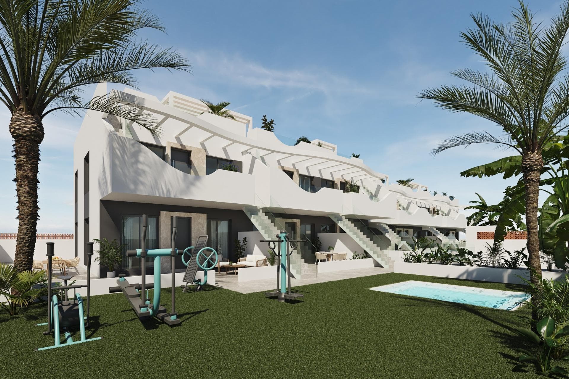 Exclusive New Build Bungalows in Pilar de la Horadada - Unique Style and Privileged Location&#13;&#13;A Unique Style that Defines your New Home&#13;This new development of 2 and 3 bedroom bungalows in Pilar de la Horadada stands out for its modern design and undulating structure, which gives each home a unique personality.&#13;&#13;You will be able to choose between:&#13;&#13;Ground floors with front garden and back patio.&#13;Top floors with private solarium.&#13;The residential complex has a communal swimming pool and spacious communal areas designed for the relaxation and enjoyment of the whole family.&#13;&#13;In addition, the development offers an outdoor gym, communal jacuzzi and parking area for bicycles, as well as a parking space assigned to each property with the option of charging electric vehicles, designed to offer you maximum comfort and quality of life.&#13;&#13;Bright and high quality interiors&#13;Each home has been designed to offer an experience of comfort and functionality. Open-plan spaces maximise the feeling of spaciousness and light, while neutral tones and wood finishes create an elegant and welcoming ambience.&#13;&#13;Spacious and bright bedrooms, with the master bedroom offering access to a private terrace.&#13;Open concept kitchen, integrated into the living room for convenience.&#13;Modern bathrooms with top quality materials.&#13;&#13;Pilar de la Horadada - Quality of Life on the Costa Blanca&#13;Located in the province of Alicante, Pilar de la Horadada is a coastal town that combines tradition with a relaxed atmosphere. It is known for its beautiful beaches, such as Playa de las Higuericas, with golden sand crystal clear Mediterranean waters.&#13;&#13;In addition to its coastline, the town has a vibrant main street lined with shops, supermarkets, restaurants and picturesque squares. Its excellent infrastructure includes cycle paths, hiking trails and a wide variety of sporting activities.&#13;&#13;Proximity to Major Points of Interest&#13;This residential development offers convenient access to the most important destinations in the area:&#13;&#13;Torre de la Horadada beach - 3 km (5 min drive).&#13;Lo Romero Golf Course - 5 km (10 min drive).&#13;La Zenia Boulevard Shopping Centre - 15 km (15 min drive).&#13;Corvera Airport (Murcia) - 40 km (40 min drive).&#13;Alicante Airport - 55 km (55 min drive).&#13;&#13;Secure your Costa Blanca Property Today&#13;Don't miss out on the opportunity to purchase a brand new property in an exceptional location. Contact us today for more information and to arrange a viewing.&#13;