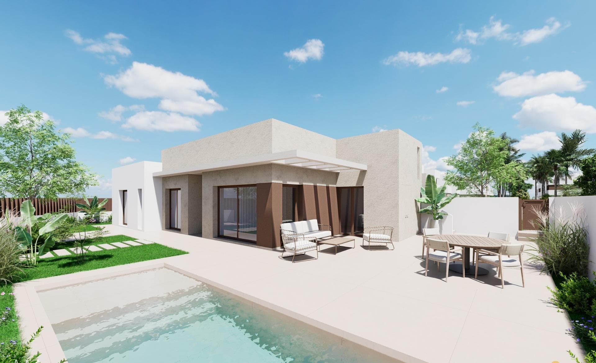 Exclusive Villas and Bungalows on the Costa Cálida - Design, Comfort and Privileged Location&#13;&#13;A Project that Fuses Privacy and Community Living&#13;Discover a new residential concept on the Costa Cálida, designed for those seeking the perfect combination of privacy, comfort and social life. This exclusive complex offers detached villas and bungalows, with access to spacious communal areas and a communal swimming pool, providing the best of both worlds: the tranquillity of a private home and the comfort of shared spaces to enjoy with friends, family and neighbours.&#13;&#13;All homes include a parking space and storage room in the basement, guaranteeing security and convenience for residents.&#13;&#13;Modern Design and Personalisation Options&#13;This development offers a wide range of homes to suit different needs and lifestyles:&#13;&#13;Ground floor bungalows with private gardens up to 122 m².&#13;Top floor bungalows with large terraces and private solarium.&#13;One or two-storey detached villas, with plots ranging from 201 to 356 m² and different layout and finishing options.&#13;&#13;Each home is designed to maximise natural light, creating spacious and welcoming spaces. The master suite has been carefully conceived to guarantee privacy and comfort, completely separating the sleeping area from the bathroom, avoiding interruptions of light or noise during the night.&#13;&#13;Quality and Sustainability in Every Detail&#13;These homes have been built with high quality materials and equipped with sustainable technologies, such as solar panels and aerothermics, to improve energy efficiency.&#13;&#13;Outstanding features:&#13;&#13;Motorised blinds in bedrooms.&#13;Armoured front door for greater security.&#13;Pre-installation of ducted air conditioning.&#13;Modern bathrooms with tempered glass partitions and suspended furniture with LED mirror.&#13;&#13;Strategic Location in Los Alcázares&#13;Situated just a few metres from the prestigious Serena Golf course and 1 km from the beaches of the Mar Menor, this complex enjoys a privileged location in Los Alcázares, one of the most promising areas of the Costa Cálida.&#13;&#13;In addition, its easy access to the AP-7 motorway allows quick connection to other destinations in the region and facilitates access to essential services such as supermarkets, sports centres, schools and pharmacies.&#13;&#13;Distances to Points of Interest&#13;La Serena Golf - 1 km (2 minutes by car).&#13;Mar Menor Beach - 1 km (2 minutes by car or 10 minutes walk).&#13;Murcia Airport - 35 km (30 minutes by car).&#13;Cartagena Port - 22 km (20 minutes by car).&#13;Local shopping centre - 3 km (5 minutes by car).&#13;&#13;A Mediterranean Lifestyle with High Profitability&#13;This project not only represents an excellent option to enjoy the Mediterranean lifestyle, but it is also a safe investment in a growing area.&#13;&#13;Don't miss out on this unique opportunity. Contact us today for more information and to reserve your ideal home on the Costa Cálida.&#13;