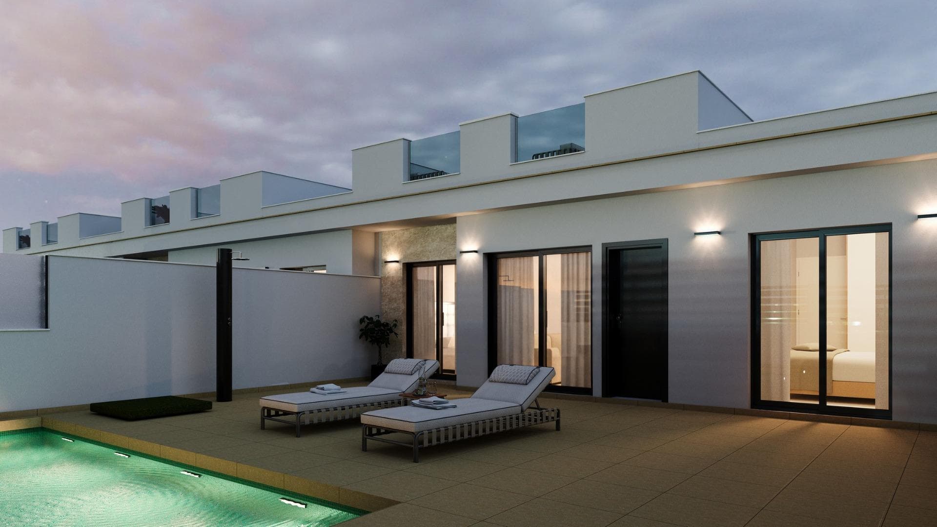 Semi-detached and Semi-detached Villas in Roldán, Murcia, Spain&#13;&#13;Modern Single Storey Villas with Solarium and Private Pool&#13;Discover this exclusive development of single-storey semi-detached and terraced villas in Roldán (Murcia), designed for comfort, style and energy efficiency. With options of 2 or 3 bedrooms and 2 bathrooms, each property has a private solarium, swimming pool and parking on the plot, ideal for enjoying the Mediterranean climate all year round.&#13;&#13;Located in a gated complex with security control, this development guarantees privacy and tranquillity, whilst being close to all essential services, parks, sports facilities and prestigious golf courses.&#13;&#13;High Quality Features and Functional Design&#13;Each villa has been built with top quality materials to offer a modern and comfortable home:&#13;&#13;PVC exterior carpentry with thermal break and double glazing.&#13;Fully fitted kitchen with large capacity units and white goods included.&#13;Elegant bathrooms with suspended furniture, mirror with LED lighting and shower screens.&#13;Security entrance door for peace of mind.&#13;Pre-installation for ducted air conditioning.&#13;3 photovoltaic solar panels (1.5 kW) for greater energy efficiency.&#13;Summer kitchen on the solarium with sink and fridge socket.&#13;&#13;Strategic Location in Roldan, Murcia&#13;Roldán is a charming traditional village with a privileged location in the Region of Murcia. It has all essential amenities such as supermarkets, restaurants, bars, health clinics, pharmacies, petrol stations and more.&#13;&#13;Furthermore, this development is just minutes away from some of the best golf courses in the area, such as La Torre Golf and Terrazas Golf, offering a unique experience for golf lovers.&#13;&#13;Distances to key points of interest:&#13;Murcia-Corvera Airport - 15 km (15 minutes by car).&#13;Mar Menor Beaches - 15 km (20 minutes by car).&#13;La Torre and Terrazas golf courses - Less than 5 km.&#13;Murcia City Centre - 30 km (30 minutes by car).&#13;&#13;A Perfect Mediterranean Home&#13;Whether as a permanent residence, holiday home or investment property, these villas in Roldan offer the perfect combination of modern design, prime location and quality of life.&#13;&#13;Contact us today for more information or to arrange a viewing of your future home in Roldan.&#13;
