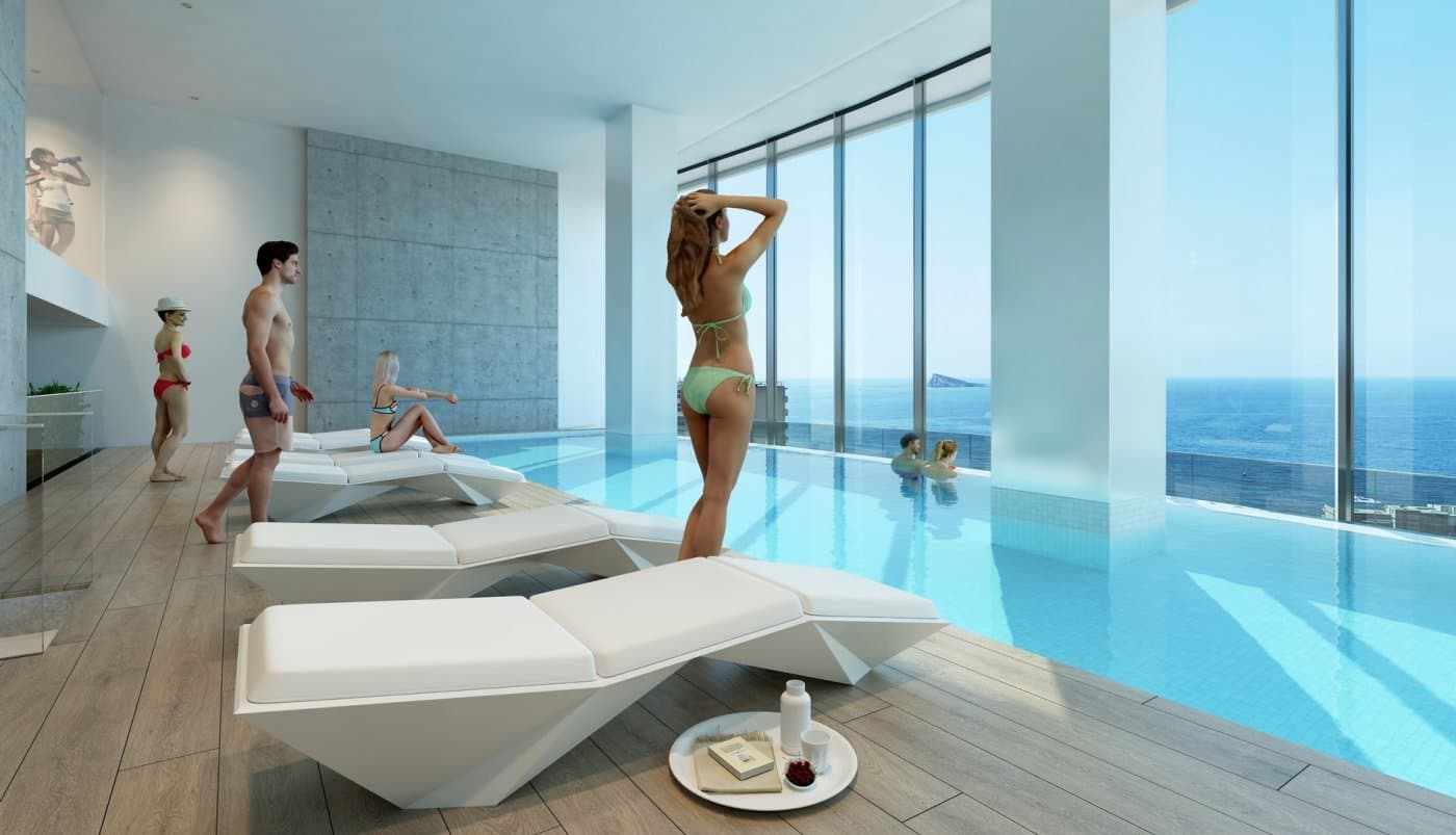 Located in Benidorm Next to Playa de Poniente.

 New residential with sea views with 220 homes with 2, 3 and 4 bedrooms in a glass tower with spacious terraces with views.

 Equipment :
 Appliances: Hood, Oven and touch-control induction hob, Refrigerator, Dishwasher, Washing machine, Pre-installation for dryer and microwave.
 Shower screen with safety glass, Mirror, Lighting with LED spotlights
 Air-conditioning
 Aerothermal

 The common areas are equipped with a swimming pool for adults, a children's pool, spa, jacuzzis, chillout, children's play area, two paddle tennis courts. Heated pool and gym on the 26th floor with great views of the sea. Coworking area.

Each house has a parking space and a storage room included in the price.

 The Alicante coast is well known for its mild temperatures and more than 300 sunny days a year. Known for its unrivaled hotel, sun and beach infrastructures, combined with a wide gastronomic variety, both traditional Spanish, Basque or Valencian, as well as other international varieties adapted to all tastes and the desire to experiment. It has different golf courses just 5 minutes away from Sierra Cortina, Golf Bahia, three theme parks and several shopping centers.