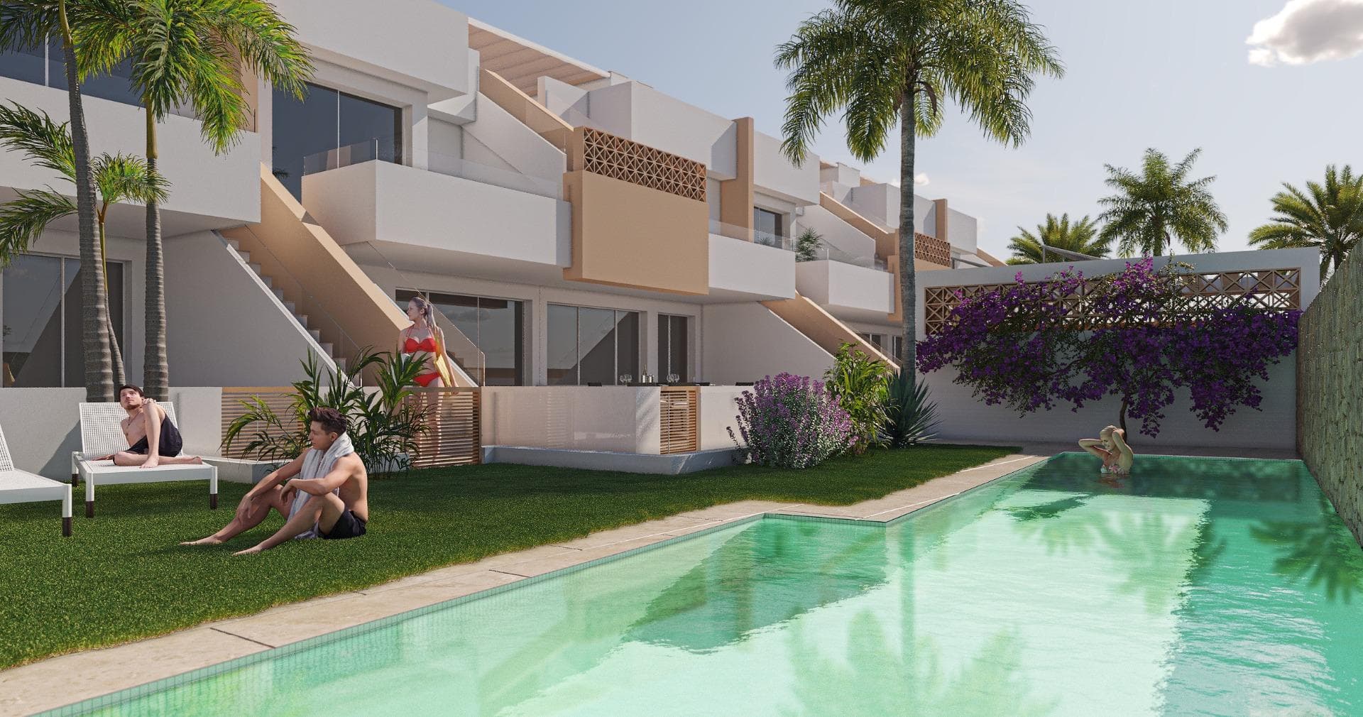 New Build Bungalows in Pilar de la Horadada Near the Beach and Town Centre&#13;&#13;Contemporary Living in the Heart of Costa Blanca&#13;Welcome to a boutique residential complex of 12 new build bungalows located in Pilar de la Horadada, a vibrant coastal town at the southern tip of the Costa Blanca. This prime location offers the perfect blend of tranquil Mediterranean living and convenience, with all essential services, shops, restaurants, and amenities within walking distance. The beautiful sandy beaches of Torre de la Horadada and Mil Palmeras are just 3 km away, ideal for relaxed beach days or water sports.&#13;&#13;Choice of Ground Floor or Top Floor Bungalows&#13;This exclusive development offers two types of modern homes to suit your lifestyle:&#13;&#13;Ground floor bungalows with 3 bedrooms, 2 bathrooms, and large private front and rear terraces with direct access to the communal pool and gardens.&#13;Top floor bungalows with 2 bedrooms, 2 bathrooms, and an expansive private rooftop solarium, complete with a summer kitchen, pergola, and guest toilet.&#13;&#13;All homes feature bright open-plan living areas, fully equipped kitchens, ducted air conditioning, and private parking. Bedrooms include built-in wardrobes and the bathrooms benefit from underfloor heating for added comfort.&#13;&#13;Premium Features for Modern Mediterranean Living&#13;The homes are designed with high-quality finishes and practical features, including:&#13;&#13;Armoured front door with aluminium finish&#13;Electric shutters in living room and bedrooms&#13;Aerothermal hot water system&#13;Kitchen appliances from BALAY or equivalent&#13;Rooftop solariums with artificial grass, outdoor shower, lighting, and full summer kitchen with dishwasher, small fridge, induction hob, and extractor.&#13;&#13;Strategic Location with Excellent Connectivity&#13;Pilar de la Horadada is well connected to major points of interest along the Costa Blanca and Costa Cálida:&#13;&#13;Beaches (Torre de la Horadada / Mil Palmeras) – 3 km&#13;Lo Romero Golf Course – 6 km&#13;Corvera Airport (Murcia) – 40 km&#13;Alicante Airport – 55 km&#13;Zenia Boulevard Shopping Centre – 14 km&#13;Marina of San Pedro del Pinatar – 11 km&#13;&#13;Your Ideal Home in the Sun&#13;Whether you’re looking for a holiday escape, a year-round residence, or a rental investment, these bungalows in Pilar de la Horadada offer excellent value and quality in one of the Costa Blanca’s most desirable towns. Contact us today to arrange a viewing or request more information!&#13;