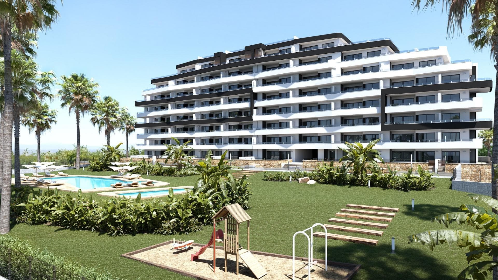 New residential development in San Miguel de Salinas, a stone's throw from the centre&#13;&#13;Spacious apartments with impressive amenities&#13;This newly built residential complex in San Miguel de Salinas offers modern 2-bedroom apartments with spacious terraces, carefully distributed over seven floors. The gated community offers first-class facilities, including separate swimming pools for adults and children, lush green areas, a children's playground and a petanque area.&#13;&#13;Privileged location on the Costa Blanca&#13;Nestled in the charming town of San Miguel de Salinas, this development enjoys a strategic location on the Costa Blanca. It is within walking distance of the town centre, where you will find all the essential services for daily life, including shops, restaurants and health centres.&#13;&#13;The property is a short drive from several points of interest:&#13;Las Colinas and Campoamor Golf Courses: Just 7 km away, perfect for golf lovers.&#13;Beaches of Orihuela Costa and Torrevieja: Located approximately 10 km from the residence, they offer beautiful sandy shores.&#13;Shopping Centres: Zenia Boulevard, a popular shopping destination, is only 9 km away.&#13;Alicante Airport: 50 km away.&#13;Murcia Corvera Airport: About 55 km away, ideal for regional connections.&#13;&#13;High-quality specifications&#13;Each apartment is designed with modern finishes and functionality in mind:&#13;Fully equipped kitchens with appliances included.&#13;Motorised blinds.&#13;Security entrance door.&#13;Hot water by aerothermal energy.&#13;Fully installed ducted air conditioning.&#13;LAUNCH OFFER: Furniture pack included for the first units sold.&#13;In addition, all apartments include a designated parking space.&#13;&#13;About San Miguel de Salinas&#13;San Miguel de Salinas is a picturesque municipality in the Vega Baja del Segura region, which forms part of the vibrant Valencian Community. Located near the border with Murcia, the town offers stunning views of the Torrevieja and La Mata lagoons, as well as a peaceful, family-friendly atmosphere.&#13;&#13;Your new home awaits&#13;Whether you are looking for a holiday retreat or a permanent residence, this new development in San Miguel de Salinas combines luxury, comfort and an unbeatable location. Contact us today to schedule a visit and take the first step towards owning your dream home on the Costa Blanca.&#13;