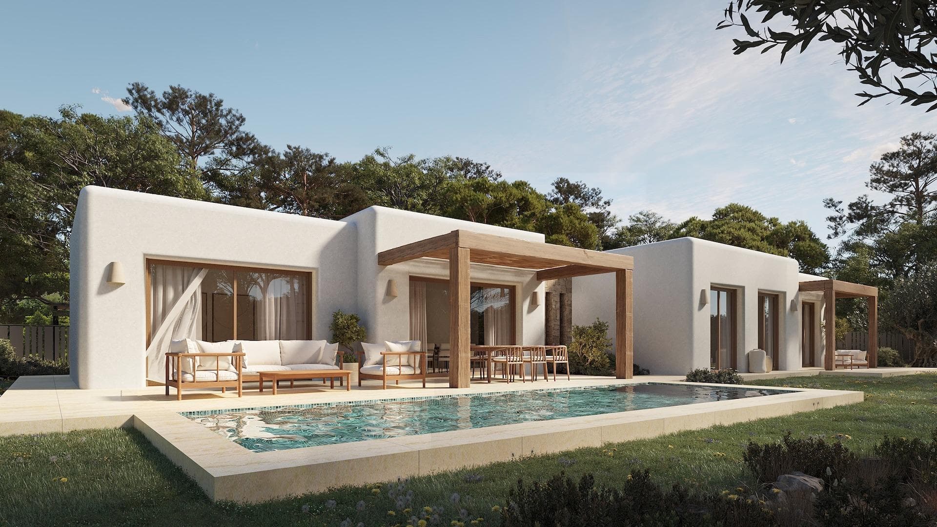 Mediterranean-Style Villas in La Fustera, Benissa Costa

Exclusive New Build Villas in Northern Costa Blanca
Discover an exceptional opportunity to own one of just four single-family homes in the prestigious area of La Fustera, Benissa Costa. These newly built villas perfectly blend Ibizan style and Mediterranean elegance, offering a peaceful lifestyle just 1 km from La Fustera beach and a short drive from Calpe, Moraira, and Benissa.

Single-Level Living on Spacious Plots
Each villa is designed for comfort and convenience, featuring:

3 bedrooms and 2 bathrooms on a single level
Living area of 139.61 m² with open-plan layout
Private plots over 800 m², providing ample outdoor space
Large terraces (68.54 m²) with shaded pergolas
Private swimming pool (29.50 m²) ideal for sun-soaked days

The homes are carefully positioned to ensure privacy and tranquility, surrounded by lush vegetation that creates a true Mediterranean retreat.

Architecture Inspired by Ibiza
With clean lines, cubic volumes, and the use of natural materials such as wood and stone, the design reflects the serene and sophisticated character of Ibiza. Every element has been crafted to integrate harmoniously with the environment, creating a warm and timeless atmosphere both inside and out.

Comfort and Energy Efficiency
The villas are built to the highest standards, using energy-efficient construction techniques and quality finishes throughout. Spacious and bright interiors flow seamlessly to the exterior terraces, allowing you to enjoy the Mediterranean climate all year round.

Strategic Location Close to All Essentials
Located in a low-density residential area, this development offers the perfect balance between nature and accessibility. Nearby points of interest include:

La Fustera Beach – 1 km
Calpe, Moraira, and Benissa town centres – 8 to 10 km
Club de Golf Ifach – 7 km
Marina of Moraira – 8 km
Alicante Airport – 84 km
La Marina Shopping Centre (Ondara) – 35 km

Your Ideal Mediterranean Home Awaits
Whether you are searching for a permanent residence, holiday escape, or investment property, these villas in La Fustera offer an unbeatable combination of location, quality, and design.
Contact us today to learn more or arrange a viewing of this exclusive development.