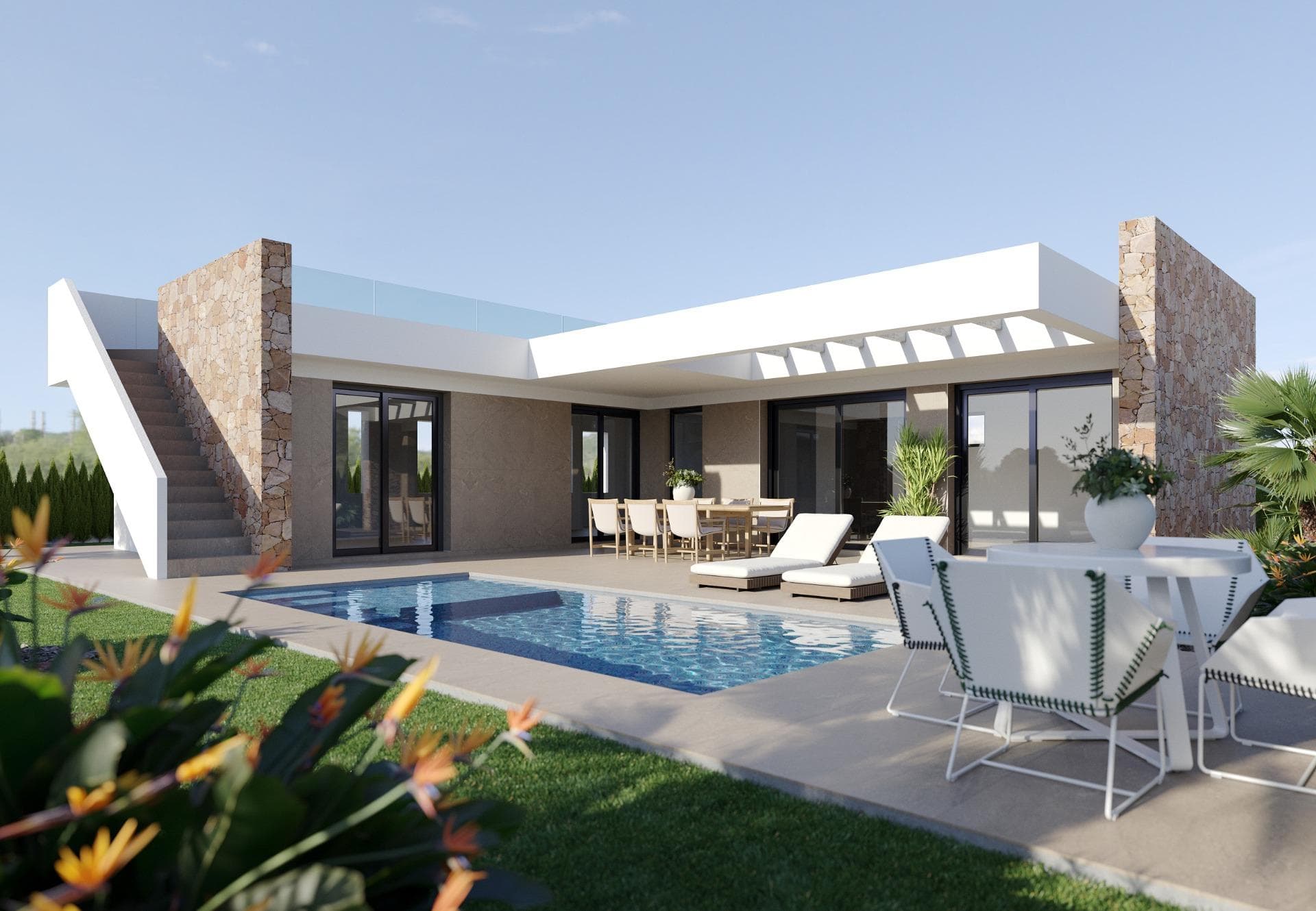 New Build Villas in Hacienda del Álamo Golf Resort, Murcia&#13;&#13;Modern Homes in an Exclusive Natural Setting&#13;Discover these fantastic new-build villas in the prestigious Hacienda del Álamo Golf Resort, a gated community in the region of Murcia that combines tranquillity, security and a full range of services. Surrounded by nature and blessed with a privileged climate, this complex is ideal for those seeking a relaxed lifestyle without sacrificing comfort.&#13;&#13;3-bedroom villas on one floor with solarium&#13;The residential complex consists of 15 villas on plots starting at 550 m². All homes have 3 bedrooms and 2 full bathrooms on one floor, as well as a terrace area with a private pool and a private solarium on the roof with views of the golf course.&#13;High-quality finishes and guaranteed comfort&#13;The homes are designed with high-quality materials and built to offer energy efficiency and well-being:&#13;&#13;Exterior carpentry with thermal break&#13;Hot water via aerothermal system&#13;Pre-installation of ducted air conditioning&#13;Private pool&#13;Independent irrigation water system with storage tank and individual pressure pump, with irrigation outlets in the carport and garden.&#13;Motorised vehicle access gate.&#13;&#13;A Resort with Full Services and Golf Course&#13;Hacienda del Álamo is one of the most complete complexes on the Costa Cálida. It has:&#13;&#13;18-hole professional golf course&#13;Hotel with spa&#13;Supermarket&#13;Restaurants and bars&#13;Sports courts and green areas&#13;24-hour security&#13;&#13;The development recreates the atmosphere of a traditional Mediterranean village, with quiet streets and a careful design.&#13;&#13;Strategic Location Close to Everything&#13;Murcia International Airport (Corvera): 20 km&#13;Additional golf courses: less than 10 km&#13;Cartagena: 35 km&#13;Mar Menor beaches: 30 km&#13;Espacio Mediterráneo shopping centre: 28 km&#13;Port of Mazarrón: 40 km&#13;&#13;Live in style on the Costa Cálida&#13;These villas represent an excellent opportunity to live or invest in one of the most promising areas of Murcia.&#13;&#13;Contact us now and discover your next home at Hacienda del Álamo Golf Resort.&#13;