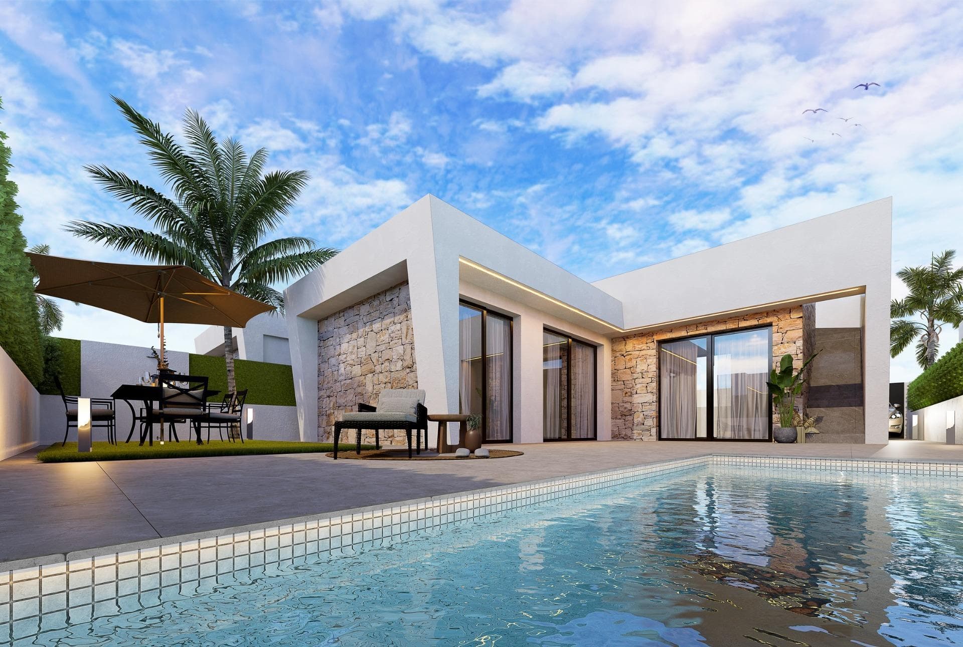 New Build Independent Villas with Private Pool and Solarium in Roldán, Torre-Pacheco&#13;&#13;Modern Single-Level Villas with Exclusive Design&#13;These brand-new 3-bedroom, 2-bathroom villas in Roldán, Torre-Pacheco, offer a contemporary and eco-friendly design with comfort and lifestyle in mind. Built on a single level, each home features a spacious open-plan living and dining area with a fully equipped modern kitchen, seamlessly connected to large terraces and a rooftop solarium.&#13;&#13;The villas are thoughtfully designed to blend functionality and aesthetics, with angled stone-clad facades, sleek finishes, and plenty of outdoor space to enjoy the Mediterranean sun all year round.&#13;&#13;Private Outdoor Space and Premium Features&#13;Every villa comes complete with:&#13;&#13;Private swimming pool and outdoor shower&#13;Roof-top solarium with ample space for sunbathing or creating a chill-out zone&#13;Terrace and garden areas on the ground level&#13;Private driveway for off-road parking&#13;LED lighting package for both interior and exterior&#13;Pre-installed air conditioning system&#13;&#13;The master bedroom includes an en-suite bathroom, while two additional bedrooms share a family bathroom, all designed with a contemporary touch and high-quality finishes.&#13;&#13;Ideal Location Close to Beaches and Golf&#13;Roldán is a charming Spanish town in the municipality of Torre-Pacheco, known for its traditional ambiance and complete range of daily services, including supermarkets, restaurants, healthcare facilities, and schools.&#13;&#13;The location offers proximity to several key attractions:&#13;&#13;Corvera Airport (RMU) – 15 km&#13;Beaches of the Mar Menor and Mediterranean Sea – 20 km&#13;Golf courses (La Torre Golf and Las Terrazas de La Torre) – within 4 km&#13;Cartagena city centre – 32 km&#13;Zenia Boulevard Shopping Centre – 35 km&#13;Marina of Los Alcázares – 22 km&#13;&#13;Whether you're seeking a holiday home, permanent residence, or a strong rental investment, this location offers easy access to coastal attractions, sports facilities, and urban convenience.&#13;&#13;Your New Life in the Sun Awaits&#13;Don’t miss the opportunity to own one of these stylish new villas in Roldán. Contact us today for more details, to arrange a visit, or to secure your new home on the Costa Cálida before they're all reserved.&#13;