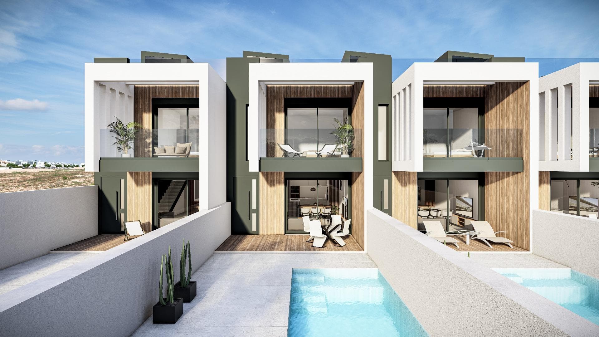 Sustainable New Build Townhouses in Pilar de la Horadada, Costa Blanca&#13;&#13;Modern Homes with Technology and Energy Efficiency&#13;Discover this exclusive new build development located in Pilar de la Horadada, one of the most attractive areas of the southern Costa Blanca. This townhouse project combines contemporary design, sustainability and technology to offer a comfortable, efficient and connected lifestyle.&#13;&#13;The residential complex consists of 8 semi-detached villas with 3 bedrooms and 3 bathrooms, all with private swimming pools, solariums with summer kitchens and parking within the plot. In addition, one of the properties is delivered fully furnished and ready to move into, with 2 bedrooms and 2 bathrooms.&#13;&#13;Elegant and Functional Interior Spaces&#13;Each home has been designed with attention to detail:&#13;&#13;Fully equipped kitchen with Siemens appliances or similar&#13;Bathrooms with countertop sinks, single-lever taps and safety glass screens&#13;Pre-installation of ducted air conditioning&#13;Aerothermal system for domestic hot water&#13;Interior and exterior LED lighting, including decorative strips in the kitchen, living room and bathrooms&#13;&#13;The homes also incorporate a home automation system for controlling blinds, outdoor lighting, air conditioning and the pool, as well as a photovoltaic installation with 6 solar panels for self-consumption.&#13;&#13;Private Outdoor Areas and Solarium with Summer Kitchen&#13;Enjoy a large outdoor space with:&#13;&#13;Private pool with shower and LED spotlights&#13;Garden with integrated spotlights&#13;Solarium with aluminium outdoor kitchen, worktop and sink&#13;&#13;Everything has been designed so that you can enjoy the Mediterranean climate all year round.&#13;&#13;Pilar de la Horadada: Quality of Life Just Minutes from the Sea&#13;This municipality offers excellent infrastructure, a lively local life and blue flag beaches just 2 km away. It also has bike lanes, hiking trails and multiple sports options.&#13;&#13;Key distances:&#13;Torre de la Horadada beach: 2 km&#13;Lo Romero golf course: 5 km&#13;Torre de la Horadada marina: 3 km&#13;Zenia Boulevard Shopping Centre: 15 km&#13;Murcia Airport (Corvera): 40 km&#13;Alicante Airport: 55 km&#13;&#13;Request Information and Schedule Your Visit&#13;This is your opportunity to purchase an efficient, modern home close to the sea in one of the most sought-after areas of the Costa Blanca. Contact us today for more information or to schedule a personalised visit.&#13;