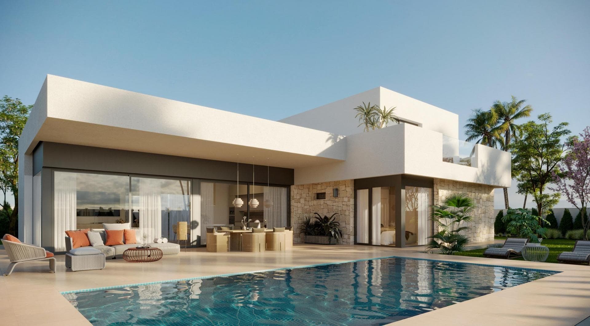 Newly built villas located in the municipality of Aspe.&#13;&#13;Newly built villas with several models to choose from, with 2, 3 or 4 bedrooms, on one or two floors and built with slabs or with a structure: depending on the model and the plot chosen, the exact price will be calculated.&#13;&#13;All the villas are built on rustic plots of over 10,000 m2, of which around 2,500 m2 will be fenced off.&#13;&#13;The villas have an open-plan kitchen with living room, built-in wardrobes, private swimming pool, porch, storage room and outdoor parking space.&#13;&#13;There are several plots to choose from. The price is based on a plot priced at £77,500 (if another plot is chosen, the difference will be paid or credited according to the price of the plot).&#13;&#13;Self-build project, delivery in approximately 12 months from the granting of the licence.&#13;&#13;If you are looking for a quiet environment, close to typical Spanish villages away from tourist crowds, surrounded by mountains, with a very large plot and about 30 minutes from the sea, this is your home.&#13;&#13;Aspe is a typical Spanish village with all the amenities for everyday life, surrounded by mountains and with several natural areas nearby where you can go hiking or mountain biking.&#13;&#13;Located 25 km from the beach, 9 km from Elche and about 20 km from Alicante airport.&#13;