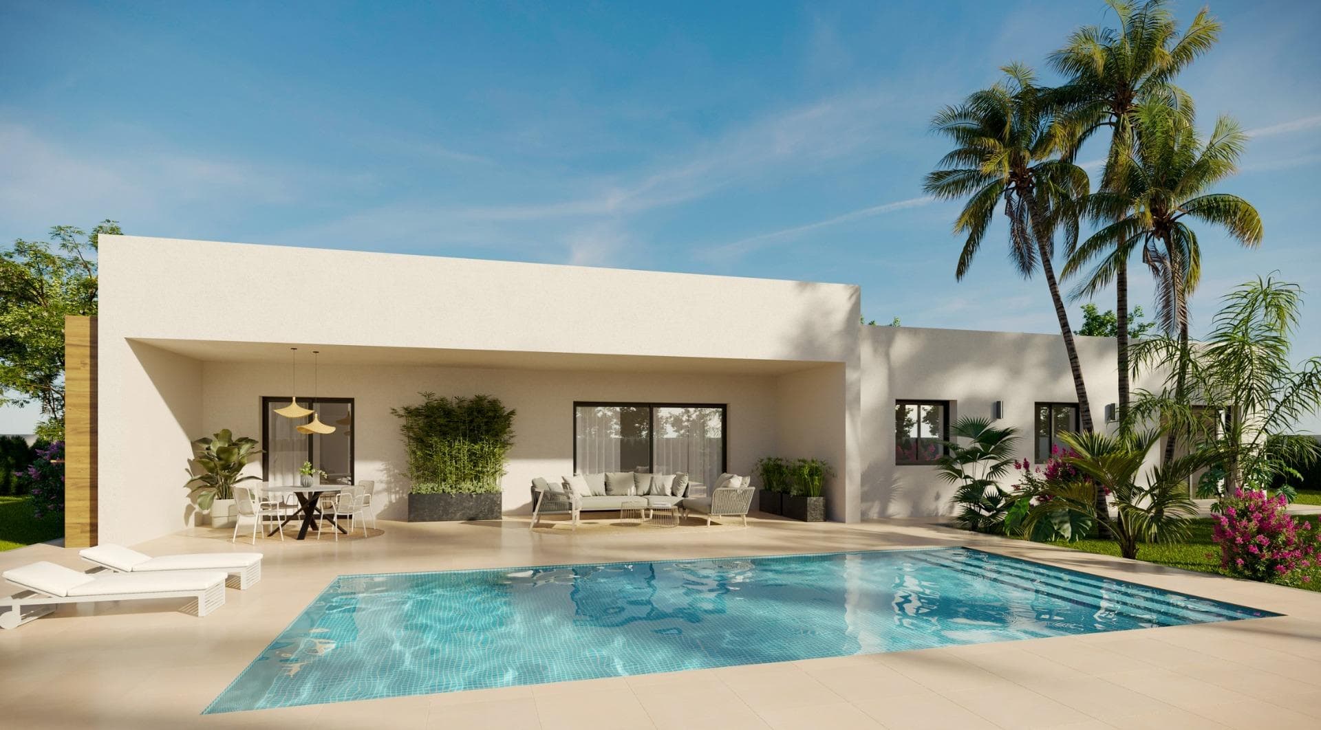 Newly built villas located in the municipality of Aspe.&#13;&#13;Newly built villas with several models to choose from, with 2, 3 or 4 bedrooms, on one or two floors and built with slabs or with a structure: depending on the model and the plot chosen, the exact price will be calculated.&#13;&#13;All the villas are built on rustic plots of over 10,000 m2, of which around 2,500 m2 will be fenced off.&#13;&#13;The villas have an open-plan kitchen with living room, built-in wardrobes, private swimming pool, porch, storage room and outdoor parking space.&#13;&#13;There are several plots to choose from. The price is based on a plot priced at £77,500 (if another plot is chosen, the difference will be paid or credited according to the price of the plot).&#13;&#13;Self-build project, delivery in approximately 12 months from the granting of the licence.&#13;&#13;If you are looking for a quiet environment, close to typical Spanish villages away from tourist crowds, surrounded by mountains, with a very large plot and about 30 minutes from the sea, this is your home.&#13;&#13;Aspe is a typical Spanish village with all the amenities for everyday life, surrounded by mountains and with several natural areas nearby where you can go hiking or mountain biking.&#13;&#13;Located 25 km from the beach, 9 km from Elche and about 20 km from Alicante airport.&#13;