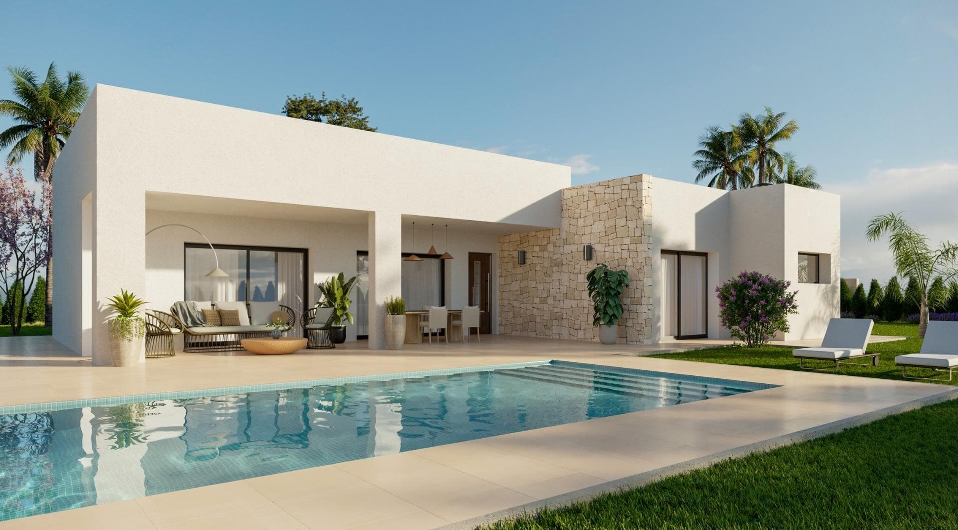 Newly built villas located in the municipality of Aspe.&#13;&#13;Newly built villas with several models to choose from, with 2, 3 or 4 bedrooms, on one or two floors and built with slabs or with a structure: depending on the model and the plot chosen, the exact price will be calculated.&#13;&#13;All the villas are built on rustic plots of over 10,000 m2, of which around 2,500 m2 will be fenced off.&#13;&#13;The villas have an open-plan kitchen with living room, built-in wardrobes, private swimming pool, porch, storage room and outdoor parking space.&#13;&#13;There are several plots to choose from. The price is based on a plot priced at £77,500 (if another plot is chosen, the difference will be paid or credited according to the price of the plot).&#13;&#13;Self-build project, delivery in approximately 12 months from the granting of the licence.&#13;&#13;If you are looking for a quiet environment, close to typical Spanish villages away from tourist crowds, surrounded by mountains, with a very large plot and about 30 minutes from the sea, this is your home.&#13;&#13;Aspe is a typical Spanish village with all the amenities for everyday life, surrounded by mountains and with several natural areas nearby where you can go hiking or mountain biking.&#13;&#13;Located 25 km from the beach, 9 km from Elche and about 20 km from Alicante airport.&#13;