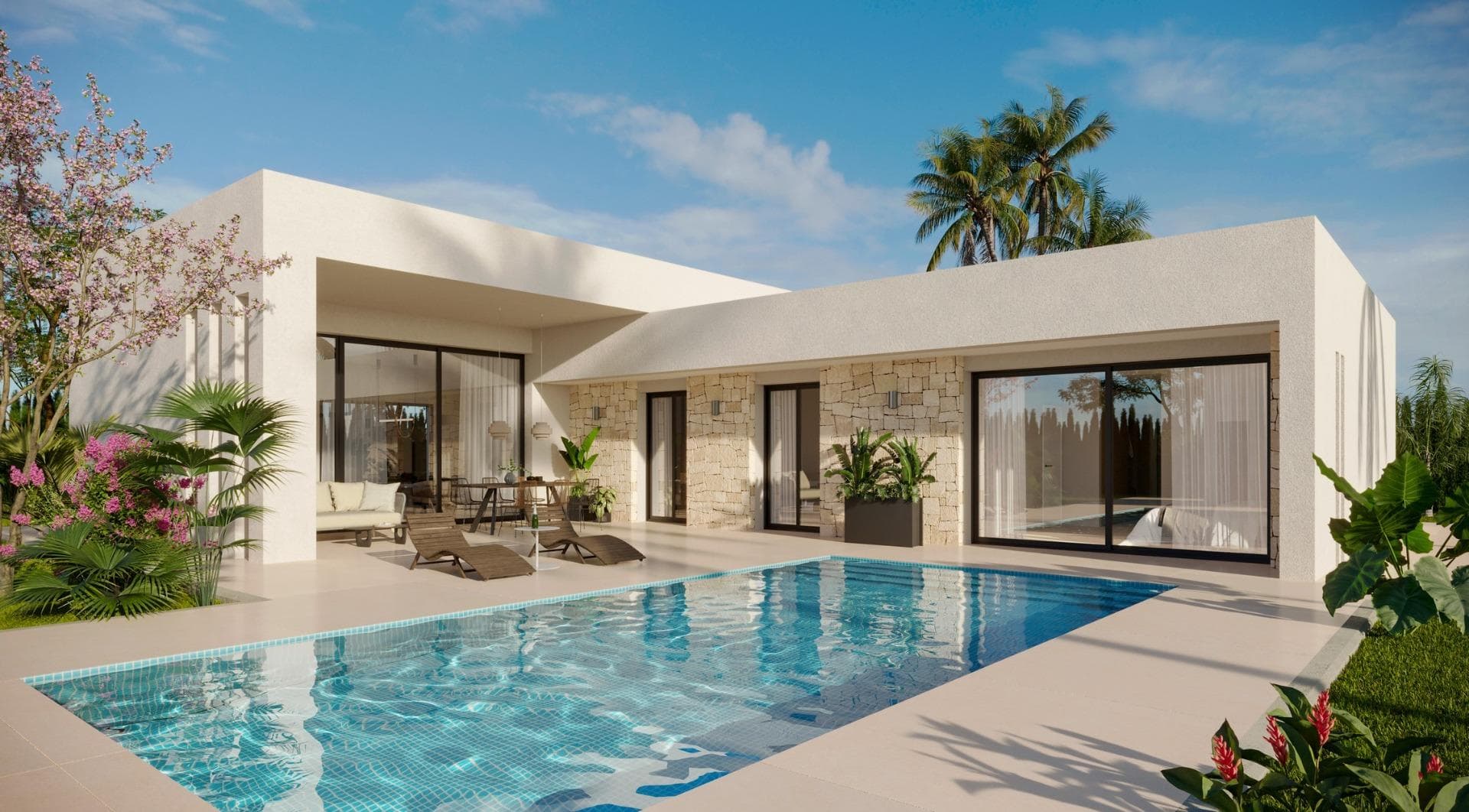 Newly built villas located in the municipality of Aspe.&#13;&#13;Newly built villas with several models to choose from, with 2, 3 or 4 bedrooms, on one or two floors and built with slabs or with a structure: depending on the model and the plot chosen, the exact price will be calculated.&#13;&#13;All the villas are built on rustic plots of over 10,000 m2, of which around 2,500 m2 will be fenced off.&#13;&#13;The villas have an open-plan kitchen with living room, built-in wardrobes, private swimming pool, porch, storage room and outdoor parking space.&#13;&#13;There are several plots to choose from. The price is based on a plot priced at £77,500 (if another plot is chosen, the difference will be paid or credited according to the price of the plot).&#13;&#13;Self-build project, delivery in approximately 12 months from the granting of the licence.&#13;&#13;If you are looking for a quiet environment, close to typical Spanish villages away from tourist crowds, surrounded by mountains, with a very large plot and about 30 minutes from the sea, this is your home.&#13;&#13;Aspe is a typical Spanish village with all the amenities for everyday life, surrounded by mountains and with several natural areas nearby where you can go hiking or mountain biking.&#13;&#13;Located 25 km from the beach, 9 km from Elche and about 20 km from Alicante airport.&#13;