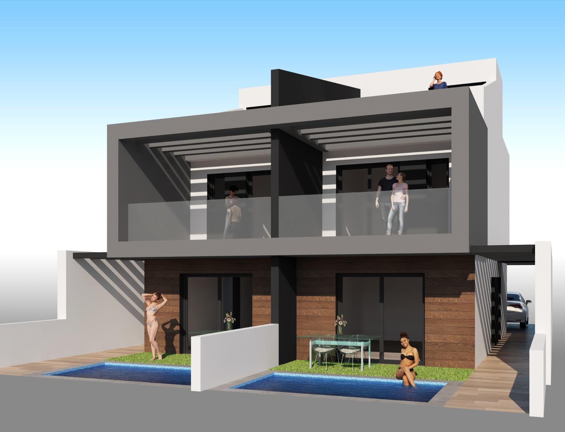 Modern Semi-Detached Villas with Private Pool Near the Sea in Santiago de la Ribera&#13;&#13;Exclusive New Construction Just 1 km from the Beach&#13;Discover this limited-edition development of only two semi-detached villas located in Santiago de la Ribera, a charming coastal town on the Murcian coast, known for its relaxed lifestyle, clean beaches, and excellent year-round climate. These new homes are situated just 1 km from the shores of the Mar Menor, offering the perfect combination of privacy, comfort, and proximity to essential services and leisure options.&#13;&#13;Contemporary Design with Functional Layout&#13;Each villa is thoughtfully distributed across two floors plus a rooftop solarium, providing ample space for modern living. The properties feature:&#13;&#13;3 spacious bedrooms, including one on the ground floor&#13;3 fully fitted bathrooms, two of which are en suite&#13;A private garden and swimming pool&#13;Terrace on the first floor and a rooftop solarium ideal for sunbathing or entertaining&#13;Private parking within the plot, with access from the rear street and a separate pedestrian entrance at the front&#13;&#13;This layout ensures optimal privacy and ease of access while maximizing outdoor living space.&#13;&#13;High-Quality Finishes and Features&#13;Built with attention to detail and modern standards, the homes include:&#13;&#13;Aluminium exterior carpentry with thermal break and double-glazed windows&#13;Complete ducted air conditioning installation&#13;Private pool included with each villa&#13;Secure parking space within the plot&#13;&#13;These homes are designed for year-round comfort, whether as a primary residence, a second home, or a vacation rental investment.&#13;&#13;Prime Location on the Costa Cálida&#13;Santiago de la Ribera offers a vibrant Mediterranean lifestyle with everything close at hand:&#13;&#13;Beach (Mar Menor) – 1 km&#13;La Ribera Shopping Center – 2 km&#13;Roda Golf – 5 km&#13;San Javier Airport – 6 km&#13;Lo Pagán Marina – 4 km&#13;Dos Mares Shopping Mall – 3 km&#13;Excellent road access to Murcia (40 km) and Cartagena (30 km)&#13;&#13;With its rich local culture, weekly markets, seafront promenades, and watersport options, Santiago de la Ribera is an ideal setting for enjoying the best of the Costa Cálida.&#13;&#13;Make Coastal Living Your Reality&#13;Don’t miss this rare opportunity to own a stylish, new-build villa in one of the most desirable areas of Murcia’s coastline.&#13;Contact us now for more information or to schedule a visit.&#13;