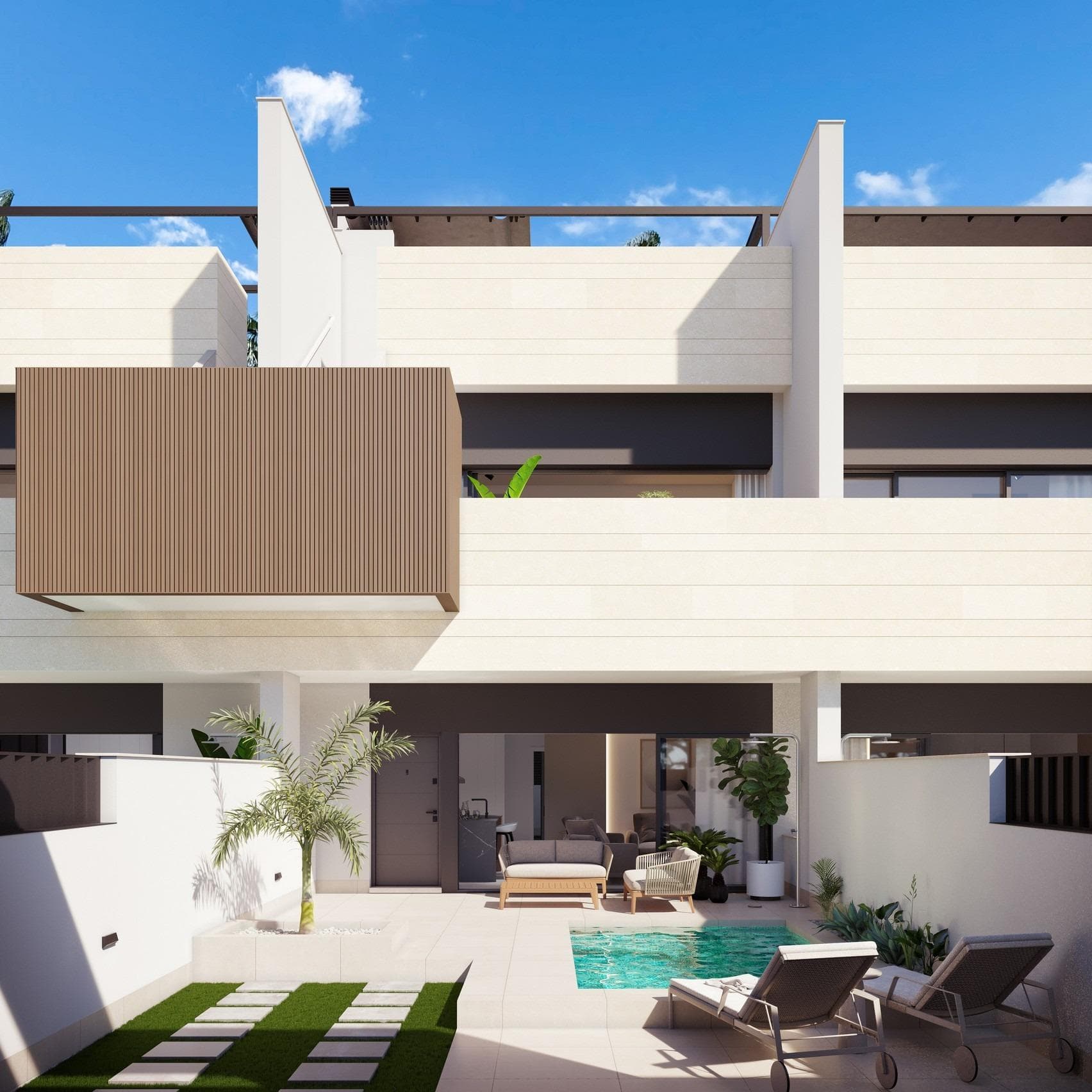 Boutique Development of New Build Homes with Private Pools in Pilar de la Horadada&#13;&#13;Exclusive Residential in a Prime Costa Blanca Location&#13;Discover this boutique new-build development of just 10 exclusive homes in Pilar de la Horadada, a charming coastal town in the south of the Costa Blanca. Located on the outskirts of town, this modern project offers open views towards green park areas while being only 2 km from the Mediterranean beaches of Torre de la Horadada. Enjoy the convenience of having all essential services within walking distance, including supermarkets, restaurants, banks, schools and health services.&#13;&#13;Choice of Layouts with Private Outdoor Spaces&#13;This new development offers a variety of 2- and 3-bedroom layouts to suit different needs and lifestyles:&#13;&#13;Ground floor houses feature a private garden, pool with beach-style area and fully landscaped exteriors with automatic irrigation.&#13;Top floor houses boast a private solarium with summer kitchen, pergola, outdoor toilet and private pool with built-in jacuzzi, plus a dedicated bicycle storage room at ground floor.&#13;Semi-detached villas offer generous indoor and outdoor space with a private garden and pool, ideal for family living or long stays.&#13;&#13;All homes include a private parking space.&#13;&#13;Premium Features and High-Quality Finishes&#13;Designed with comfort, efficiency and style in mind, all homes come equipped with:&#13;&#13;Ducted air conditioning fully installed&#13;Electric shutters and reinforced front doors&#13;LED lighting package for indoor and outdoor areas&#13;Fitted kitchens with BOSCH or SIEMENS appliances&#13;Stylish bathrooms with underfloor heating, mirrors, vanity units and shower screens&#13;Modern design that maximizes natural light and functionality&#13;&#13;These thoughtfully designed homes deliver a seamless blend of indoor comfort and outdoor living, perfect for enjoying the warm Mediterranean climate all year round.&#13;&#13;Key distances:&#13;Beaches: 2 km&#13;Lo Romero Golf Course: 6 km&#13;Dos Mares Shopping Centre (San Javier): 10 km&#13;Zenia Boulevard Shopping Centre (Orihuela Costa): 12 km&#13;Murcia International Airport: 40 km&#13;Alicante Airport: 70 km&#13;&#13;Ideal for Living or Investment&#13;With limited availability and a privileged location, this new development in Pilar de la Horadada represents a fantastic opportunity for both permanent living and investment. Whether you’re seeking a holiday home, a retirement retreat or a rental property, these modern homes offer everything you need.&#13;&#13;Contact us today to secure your new home on the Costa Blanca.&#13;