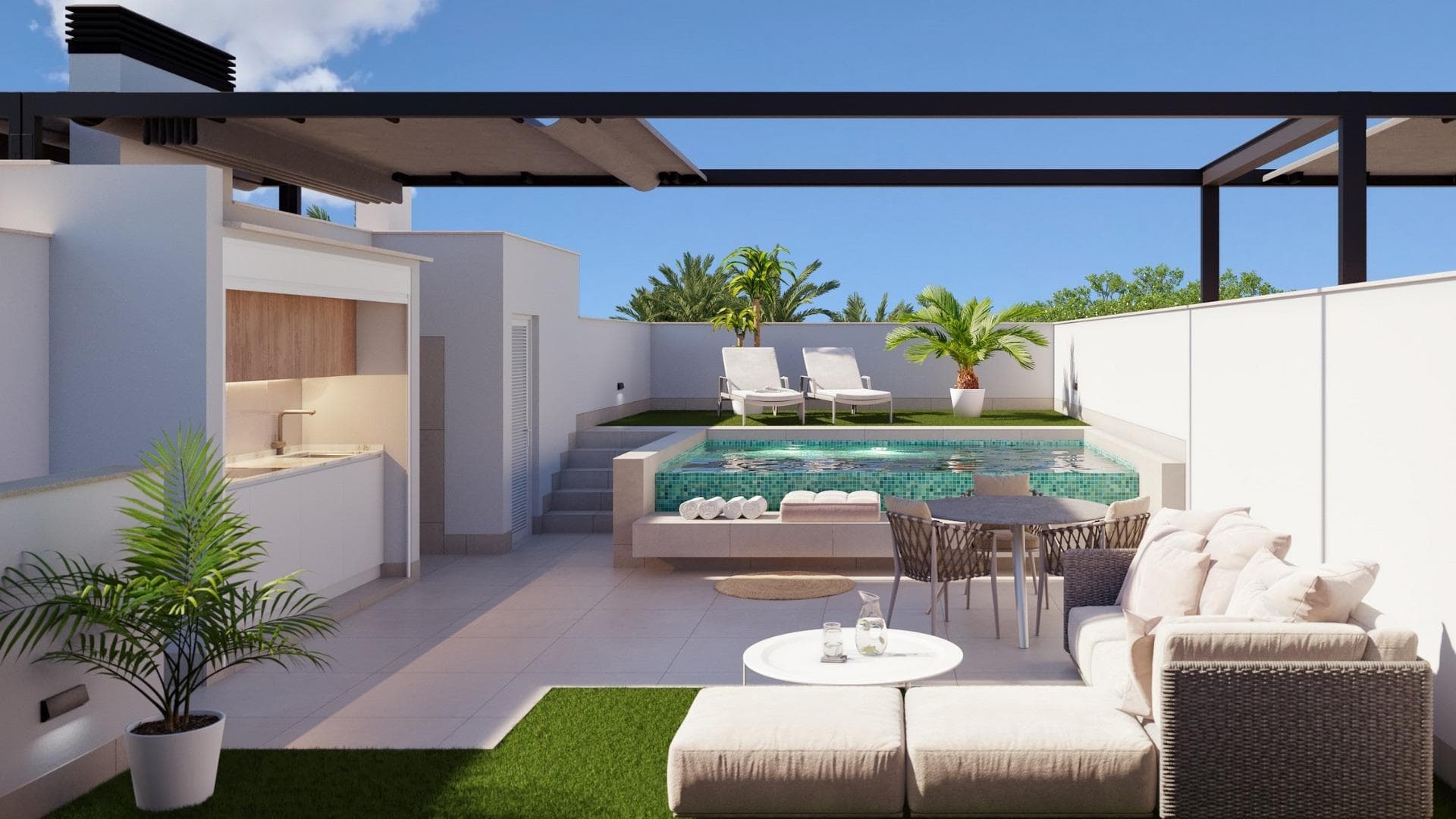 Boutique Development of New Build Homes with Private Pools in Pilar de la Horadada&#13;&#13;Exclusive Residential in a Prime Costa Blanca Location&#13;Discover this boutique new-build development of just 10 exclusive homes in Pilar de la Horadada, a charming coastal town in the south of the Costa Blanca. Located on the outskirts of town, this modern project offers open views towards green park areas while being only 2 km from the Mediterranean beaches of Torre de la Horadada. Enjoy the convenience of having all essential services within walking distance, including supermarkets, restaurants, banks, schools and health services.&#13;&#13;Choice of Layouts with Private Outdoor Spaces&#13;This new development offers a variety of 2- and 3-bedroom layouts to suit different needs and lifestyles:&#13;&#13;Ground floor houses feature a private garden, pool with beach-style area and fully landscaped exteriors with automatic irrigation.&#13;Top floor houses boast a private solarium with summer kitchen, pergola, outdoor toilet and private pool with built-in jacuzzi, plus a dedicated bicycle storage room at ground floor.&#13;Semi-detached villas offer generous indoor and outdoor space with a private garden and pool, ideal for family living or long stays.&#13;&#13;All homes include a private parking space.&#13;&#13;Premium Features and High-Quality Finishes&#13;Designed with comfort, efficiency and style in mind, all homes come equipped with:&#13;&#13;Ducted air conditioning fully installed&#13;Electric shutters and reinforced front doors&#13;LED lighting package for indoor and outdoor areas&#13;Fitted kitchens with BOSCH or SIEMENS appliances&#13;Stylish bathrooms with underfloor heating, mirrors, vanity units and shower screens&#13;Modern design that maximizes natural light and functionality&#13;&#13;These thoughtfully designed homes deliver a seamless blend of indoor comfort and outdoor living, perfect for enjoying the warm Mediterranean climate all year round.&#13;&#13;Key distances:&#13;Beaches: 2 km&#13;Lo Romero Golf Course: 6 km&#13;Dos Mares Shopping Centre (San Javier): 10 km&#13;Zenia Boulevard Shopping Centre (Orihuela Costa): 12 km&#13;Murcia International Airport: 40 km&#13;Alicante Airport: 70 km&#13;&#13;Ideal for Living or Investment&#13;With limited availability and a privileged location, this new development in Pilar de la Horadada represents a fantastic opportunity for both permanent living and investment. Whether you’re seeking a holiday home, a retirement retreat or a rental property, these modern homes offer everything you need.&#13;&#13;Contact us today to secure your new home on the Costa Blanca.&#13;