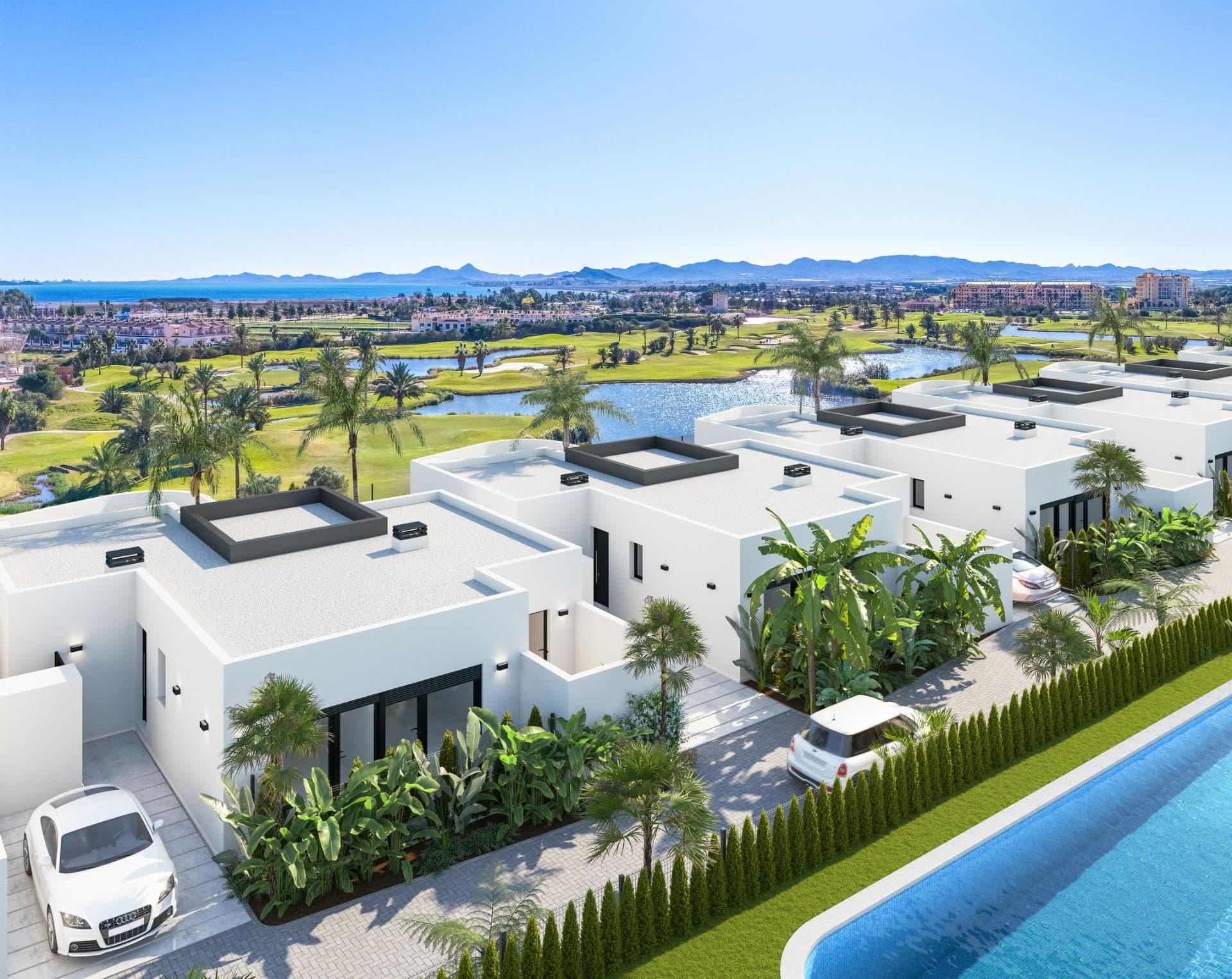 New Build Residential on the Frontline of La Serena Golf in Los Alcázares&#13;&#13;Modern Golf-Front Apartments and Villas in Costa Cálida&#13;Located in Los Alcázares, a charming coastal town in the Region of Murcia, this new build residential offers a premium lifestyle in direct contact with nature and the golf course. The development is situated in La Serena Golf, an 18-hole course known for its flat terrain, scenic lakes, and technical challenges brought by the prevailing Levante wind.&#13;&#13;This exclusive residential complex features 30 modern apartments and 10 single-storey villas, all designed for maximum comfort and style, with panoramic views of the golf course and the surrounding landscapes. Just 1.7 km from the beach and the town centre, the development offers a peaceful and well-connected setting.&#13;&#13;Distances to key points of interest:&#13;Murcia International Airport: 35 km&#13;Alicante Airport: 95 km&#13;Dos Mares Shopping Centre: 15 km&#13;Puerto Deportivo Los Alcázares: 2 km&#13;Roda Golf: 4 km&#13;Cartagena city centre: 25 km&#13;&#13;Elegant Apartments with Spacious Terraces or Penthouses with Private Solariums&#13;The apartment blocks offer homes with 2 or 3 bedrooms, available on ground and middle floors with large terraces or as penthouses with private solariums. Each apartment includes access to a communal Mediterranean-style garden and a large swimming pool, perfect for relaxation and socializing under the sun. Parking spaces in an underground garage and elevators in each block add to the convenience.&#13;&#13;Exclusive One-Level Villas with Private Pools&#13;The 10 detached villas feature 3 bedrooms, 2 bathrooms and one toilet, all on one level, designed for seamless indoor-outdoor living. Each villa includes a private swimming pool, a garden, a storage room, and private parking. Their location right on the first line of the golf course offers unobstructed views.&#13;&#13;High-Quality Finishes and Energy-Efficient Design&#13;All homes include:&#13;&#13;Aluminium exterior carpentry with thermal break and motorized shutters&#13;LED lighting and black design switches throughout&#13;Fitted bathrooms with resin shower trays and glass screens&#13;Pre-installed ducted air conditioning&#13;Elevators in apartment blocks&#13;Storage rooms in villas&#13;Modern kitchen and open-plan living areas&#13;&#13;Live by the Sea and the Green&#13;This development is ideal for golf lovers, beach enthusiasts, and anyone looking for a serene lifestyle on the Costa Cálida. With modern architecture, excellent amenities, and unbeatable surroundings, these homes are perfect for both permanent living and investment.&#13;&#13;Contact us today to schedule your visit and discover your future home in Los Alcázares.&#13;