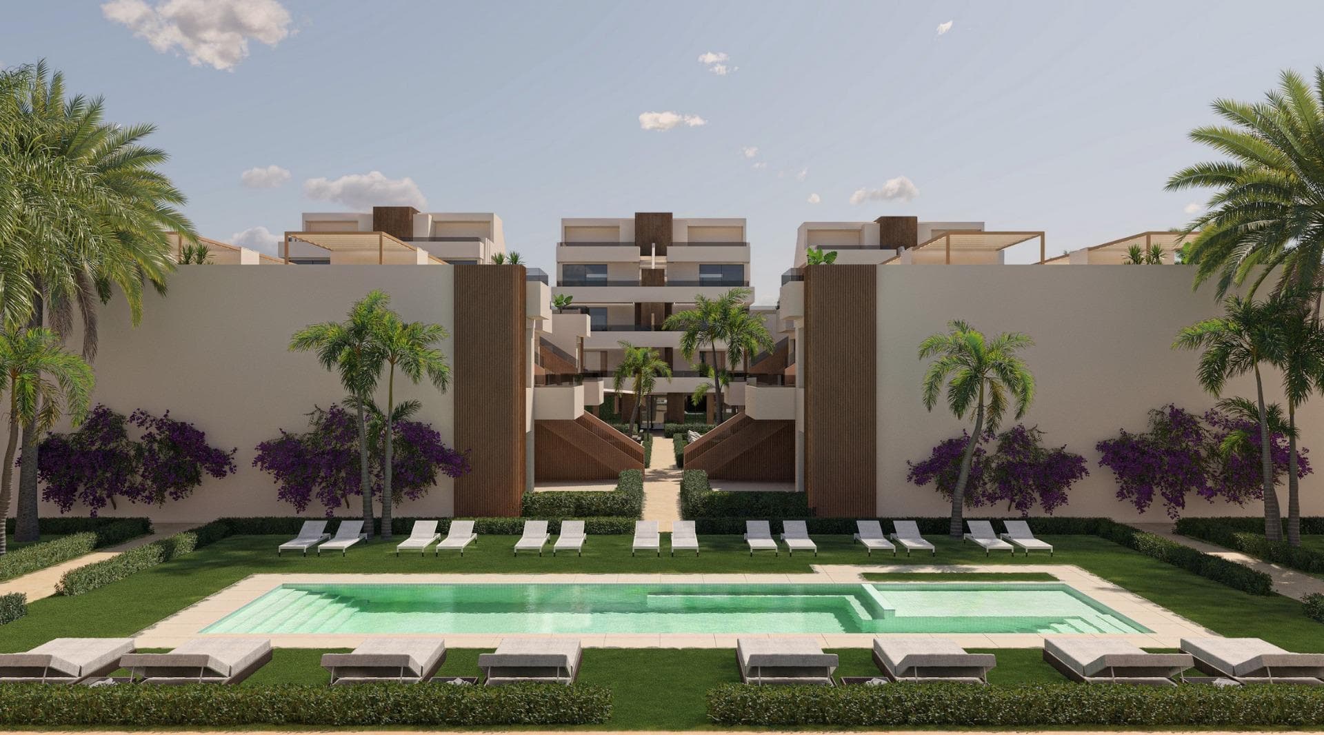 New Build Apartments, Bungalows and Villas in Condado de Alhama Golf Resort, Murcia&#13;&#13;Modern Homes Next to Golf and Nature&#13;Welcome to a new residential complex of bungalows, apartments, penthouses, and detached villas, located in the prestigious Condado de Alhama Golf Resort, in the region of Murcia. This private resort offers 24-hour security, beautifully landscaped gardens, and direct access to the Jack Nicklaus-designed golf course—making it an ideal destination for golf lovers and families seeking a tranquil Mediterranean lifestyle.&#13;&#13;Located just a short walk from the Al Kassar Shopping Center, residents enjoy proximity to shops, restaurants, bars, and essential services within the resort.&#13;&#13;Contemporary Design and High-Quality Construction&#13;The development offers bungalows with 2 or 3 bedrooms and 2 bathrooms, available in two types:&#13;&#13;Ground floor bungalows with a front garden and rear patio. Some units also include private parking within the garden.&#13;Top floor bungalows with a private porch and a spacious rooftop solarium offering spectacular views of the golf course and surrounding mountains.&#13;&#13;All homes are built with high standards of quality and include:&#13;&#13;Fitted kitchen with integrated fridge, oven, microwave, extractor hood, and dishwasher&#13;Ducted air conditioning pre-installation in the living room and bedrooms&#13;Modern bathrooms with shower screens, vanity units, mirrors, and ceiling spotlights&#13;Built-in wardrobes with drawers and shelving&#13;Aerothermal water heating system&#13;Electric aluminum shutters in bedrooms&#13;Reinforced security entrance door&#13;Outdoor summer kitchen in top-floor bungalows&#13;Interior and exterior lighting (except decorative lamps)&#13;TV and telephone points in all rooms&#13;&#13;Resort Lifestyle with Natural Surroundings&#13;Condado de Alhama is a secure, well-established resort surrounded by nature and mountains, ideal for outdoor living. Residents have access to a comunal swimming pool with solarium area, Mediterranean and tropical gardens, and plenty of walking and cycling routes within the complex.&#13;&#13;Excellent Access to Key Locations&#13;Murcia International Airport (Corvera): 40 km&#13;Beaches of Mazarrón: 25 km&#13;Murcia city center: 35 km&#13;Alhama de Murcia town: 15 km&#13;&#13;Secure Your New Home in Costa Cálida&#13;Whether you’re looking for a holiday escape, year-round residence, or investment opportunity, this development offers the ideal combination of modern design, comfort, and location.&#13;&#13;Contact us today to schedule your visit and find your perfect property in Condado de Alhama Golf Resort.&#13;